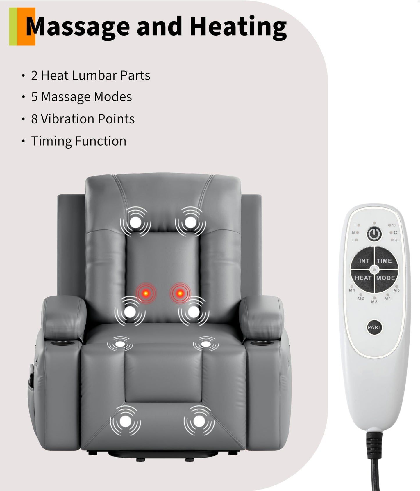 GarveeHome Power Recliner Chair - Heat and Massage, Adjustable Electric Recliner Ergonomic PU Leather Single Sofa, Tall Back, Padded Seat, Lazy Chair for Living Room