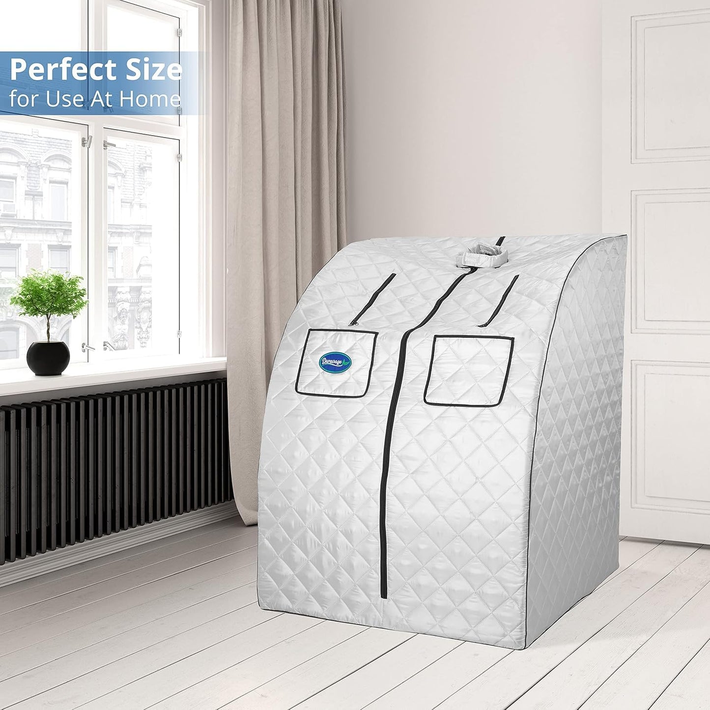 Durasage Oversized Portable Personal Steam Sauna Spa with 800W Steam Generator, 60-Minute Timer, Dual Pockets, Zippered Hand Openings & Chair for at-Home Relaxation (Silver, 33"x31.5"x41")