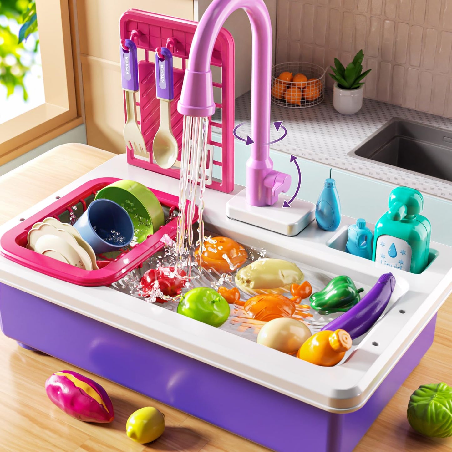 JUKUDAHU Play Sink with Running Water, Play Kitchen Toys Sink for Kids 3 4 5 6 7 Years Old, Electrical Dishwasher, Kitchen Accessories Set, Dishes Games, Gifts for Toddlers 3-5