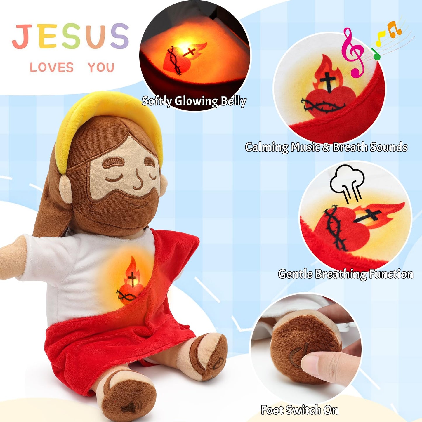 Yelakey Soothing Jesus Plush Toys with Light & Sound, 15" Jesus Stuffed Breathing Plushy Doll, Christian Catholic Religious Plushie Christmas Easter Gifts for Kids Baby (Brown)