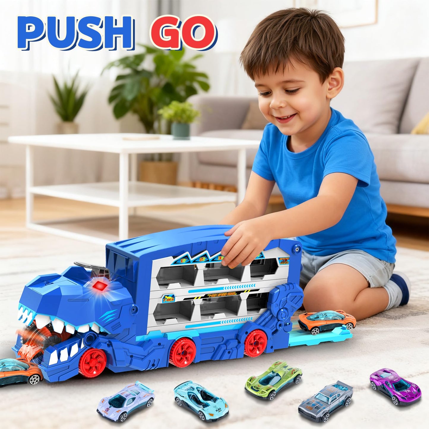 Dinosaur Transport Car Race Track Toy Set for Kids - Monster Carrier Truck Toys for Age 3 4 5 6 7 8 9 10 11 12 Years Old Boy Christmas Birthday Gifts with Die-Cast Metal Toy Cars, Light & Sound