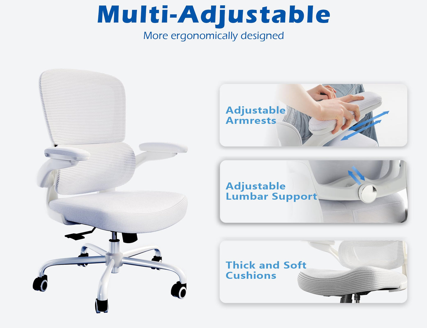 TRALT Ergonomic Office Chair - Desk Chair with Adjustable Lumbar Support Computer Chair - Mesh Comfy Chair with Flip-up Armrests - Gaming Chairs for Adults Home Office (Leather, White)