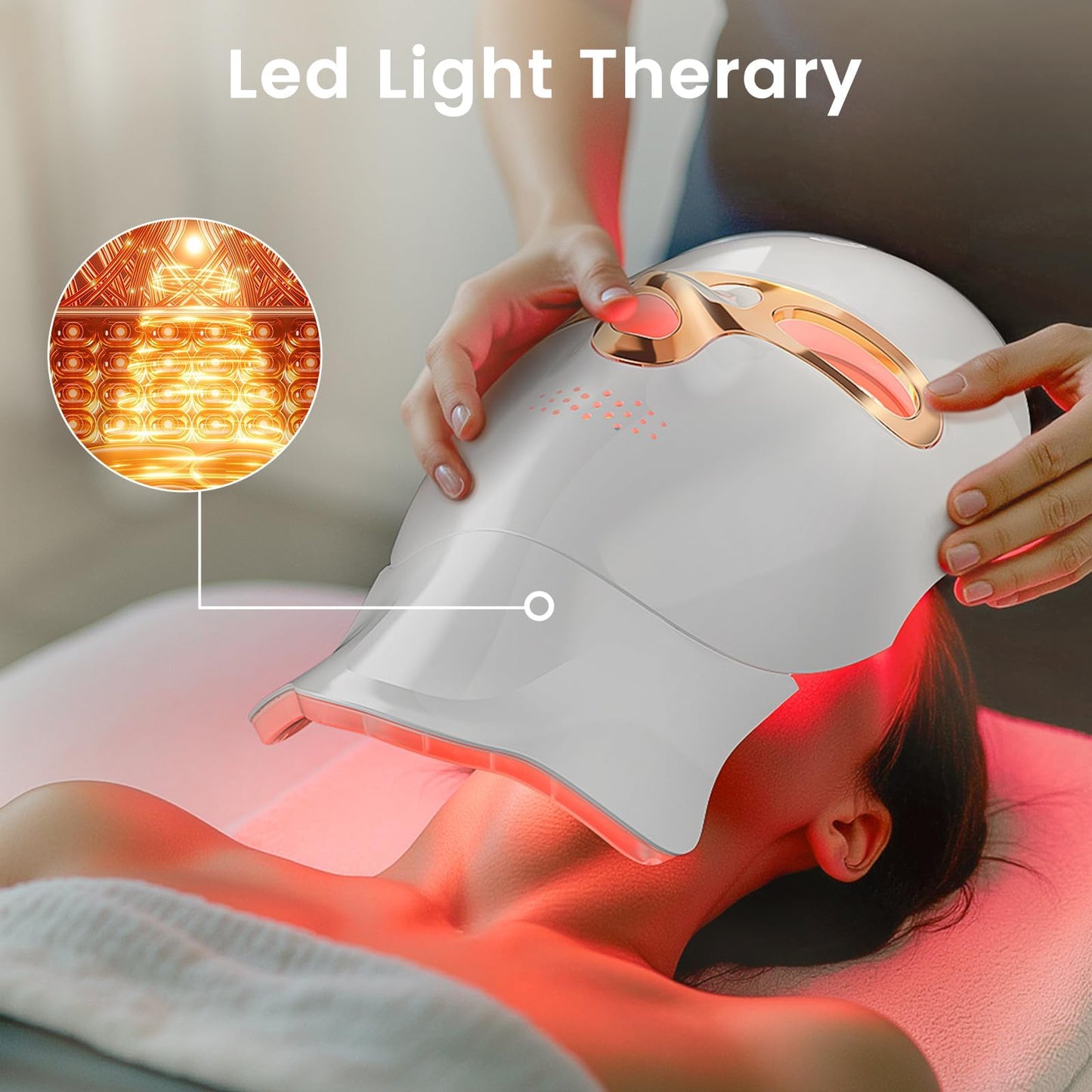 tinkoola Red Light Therapy Mask for Face & Neck, LED Face Light Therapy,USB C Rechargeable,Infrared Mask for Home Working Travel Yoga (White Gold)