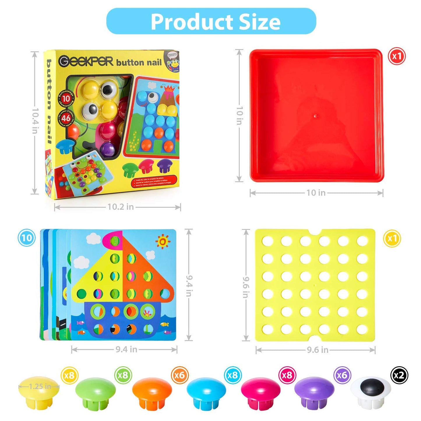 Geekper 68PCS Button Art Toys for Toddlers Color Matching Mosaic Pegboard, Early Learning Educational Toys for 3, 4, 5, 6 Year Old Kids Boys and Girls Easter Gifts, 10 Pictures and 58 Buttons