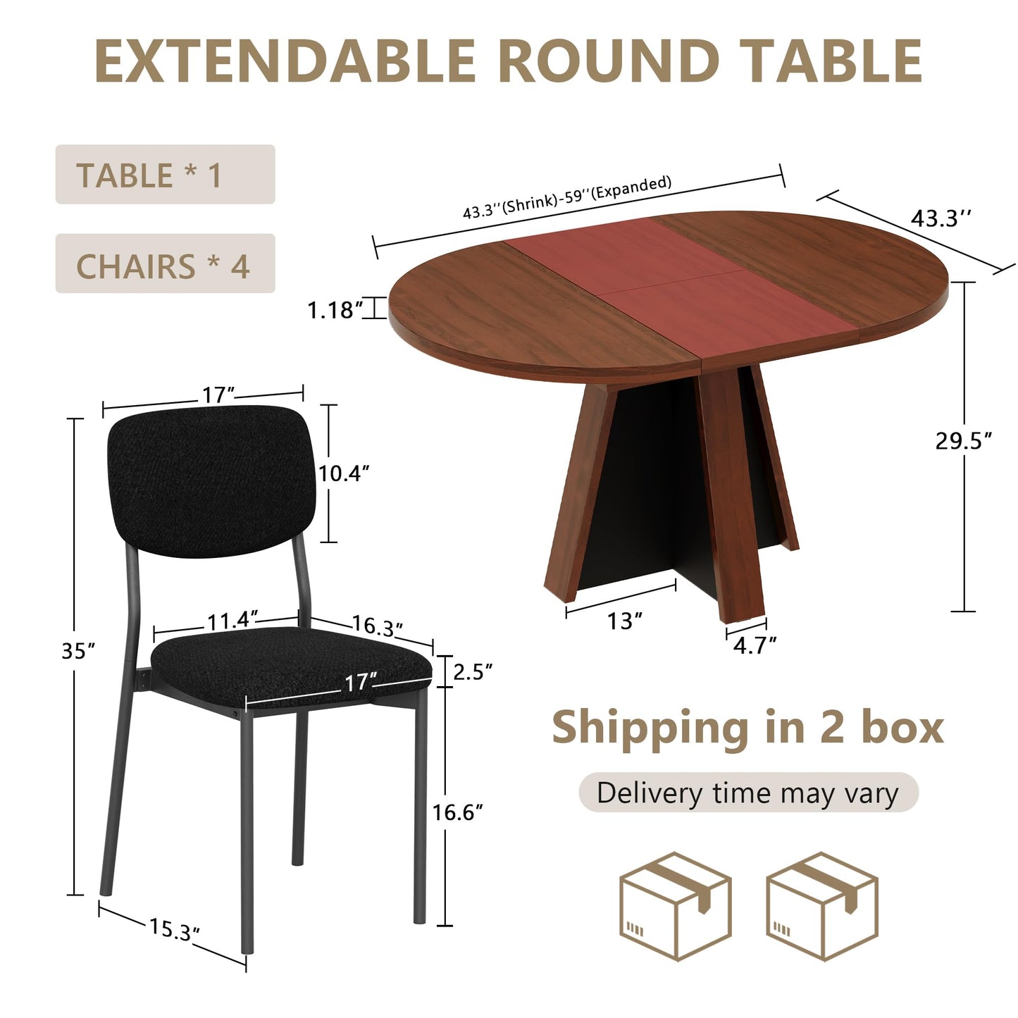 Einhomn 5-Piece Extendable Round Dining Table Set for 4-6, 59 '' Kitchen Circle Table with 4 Chairs, Space-Saving Wood Base Dining Set for Kitchen, Living Room