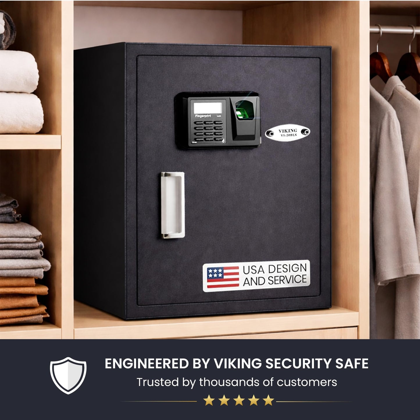 Viking Security Safe Large Biometric Safe – Quick-Access Fingerprint, PIN & Key Entry, Heavy-Duty Steel with Anti-Pry Door, Adjustable Shelves, Interior LED Light VS-50BLX