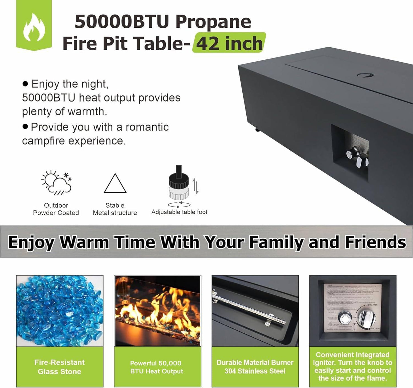SUNPEAK 42" Rectangular Propane Fire Pit Table 50,000 BTU Fireplace Table with Wind Guard, Lid, Rocks and Cover - Fire Pits & Outdoor Fireplaces - Gas Fire Pits for Outside Patio (Black, 42")