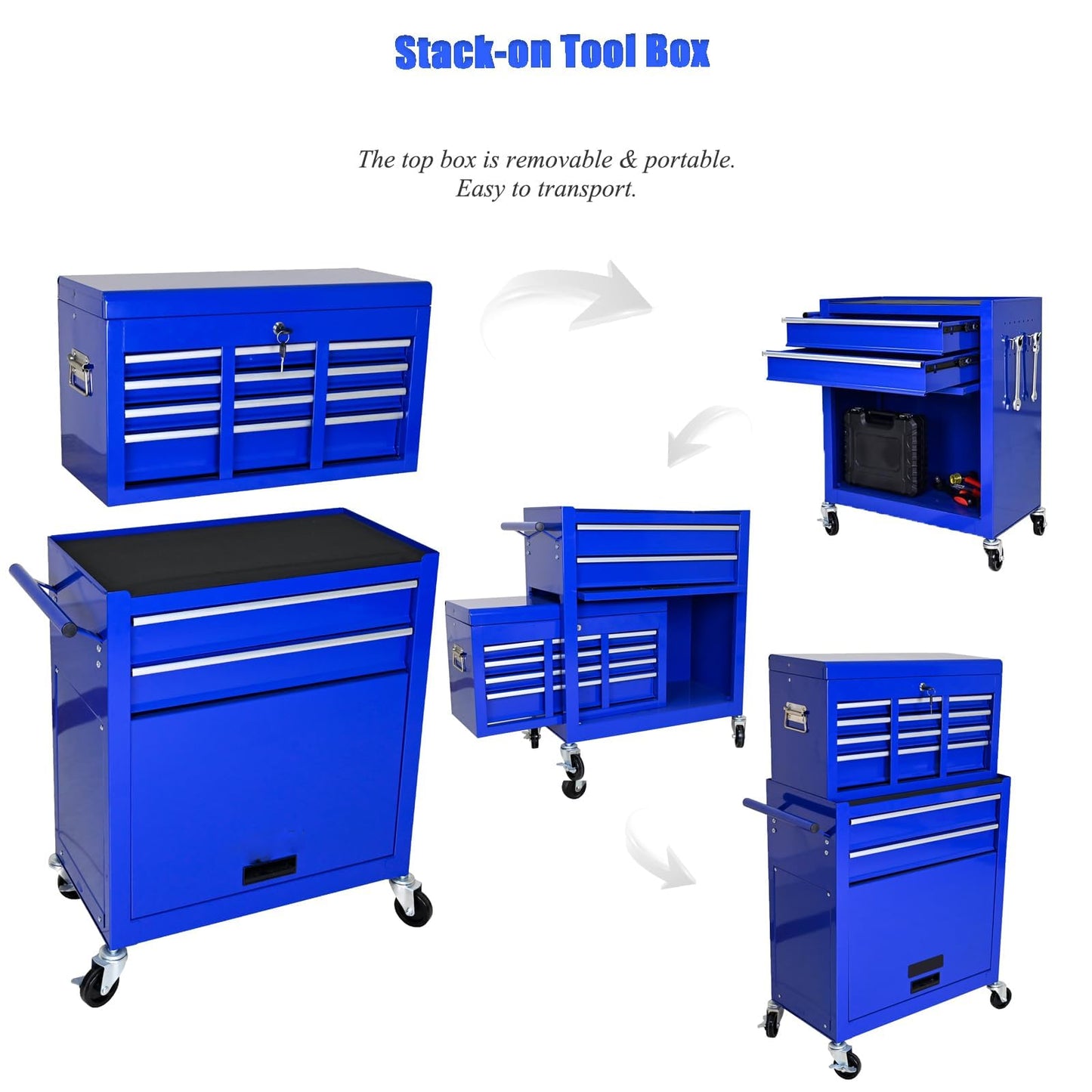EcoExplorer 8-Drawer Rolling Tool Chest with Wheels & Detachable Top, Heavy-Duty Steel Toolbox for Garage, Workshop, or Warehouse, Includes Lockable Drawers, Hooks, Tray Dividers & Protective Liners