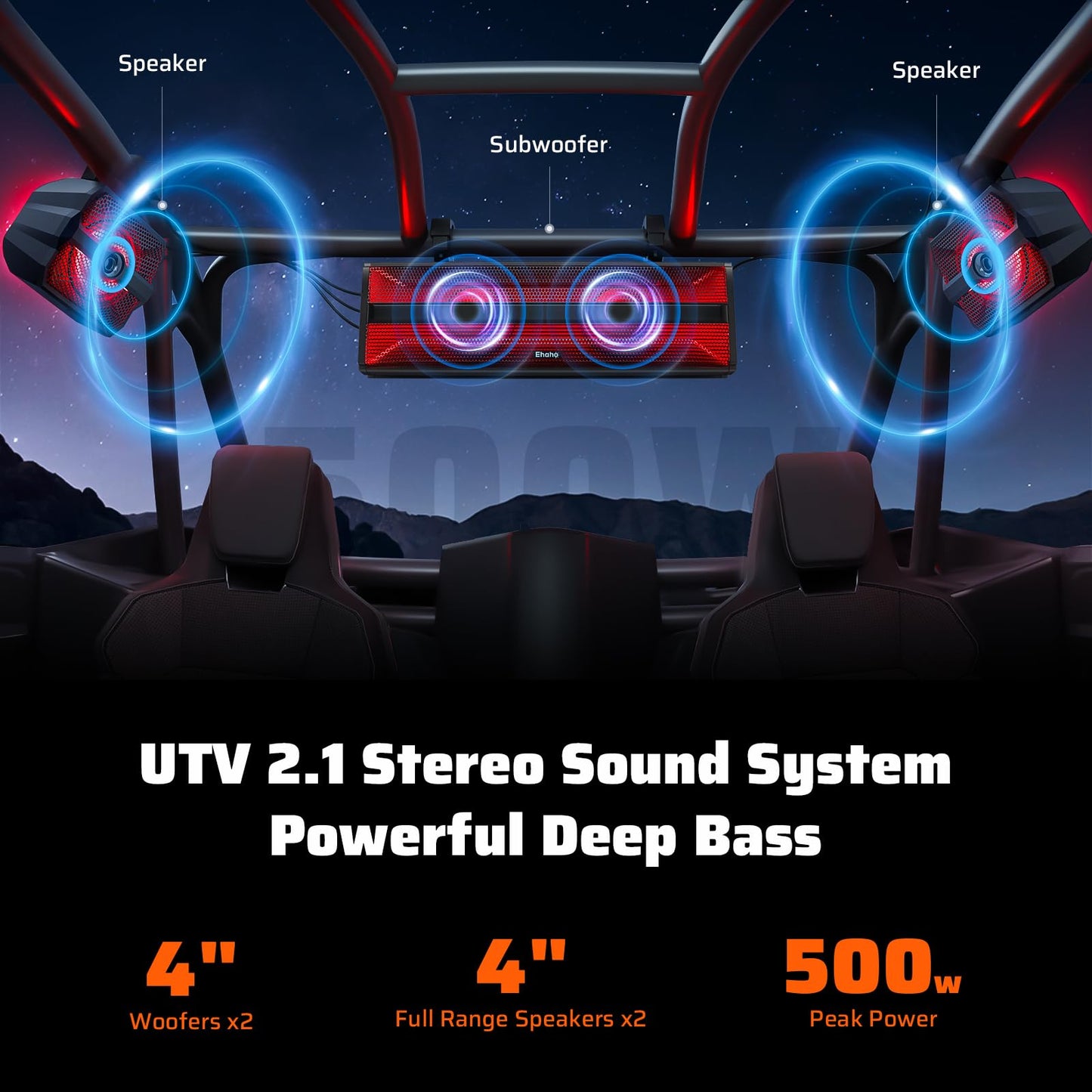 Ehaho 2.1CH Stereo UTV Sound Bar (Subwoofer) and Speakers, 17 Inch Bluetooth ATV Soundbar with RGB Lights, Waterproof Golf Cart Speakers, Marine Sound bar Compatible with SXS Polaris RZR Can-Am