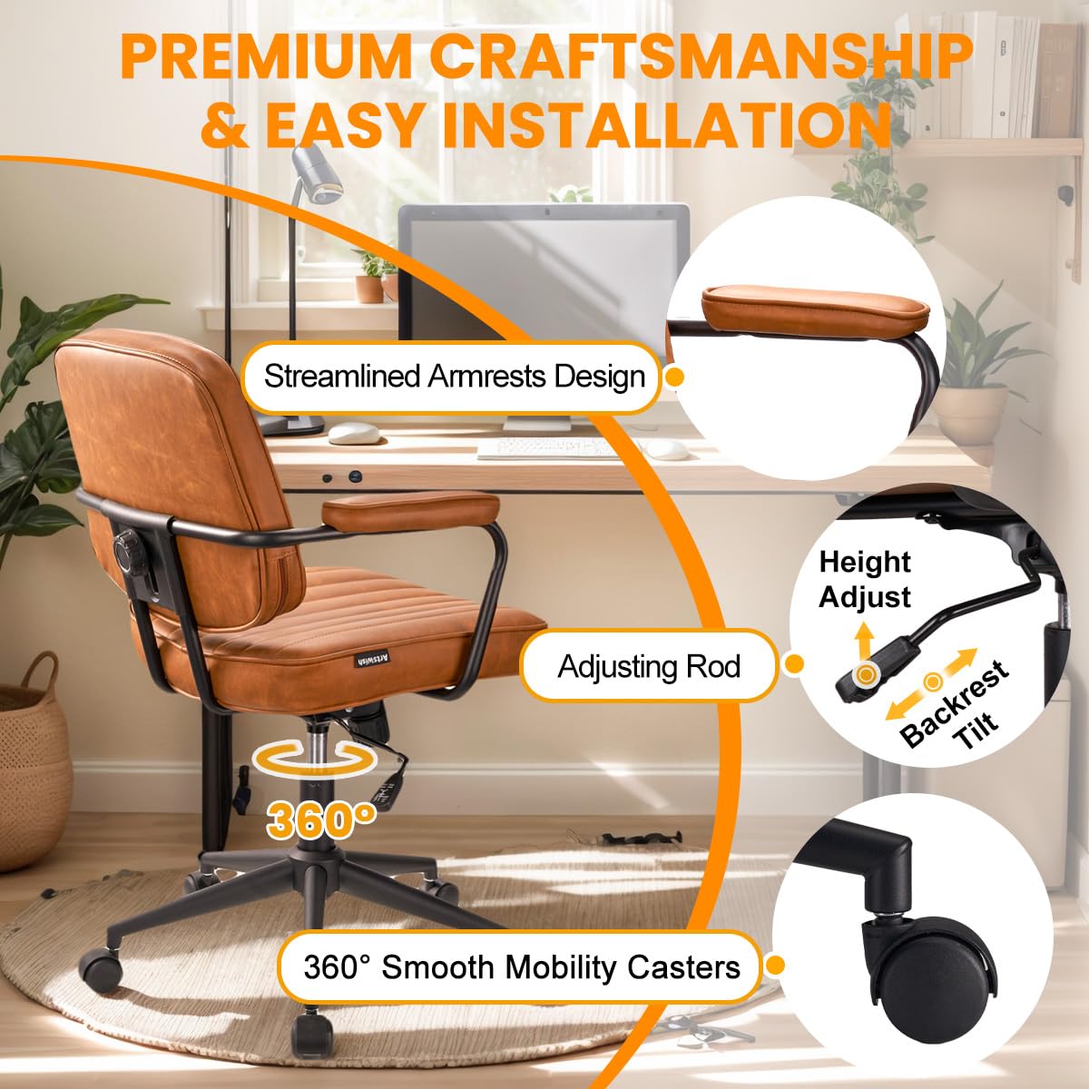 Artswish Mid Century Office Chair - Leather Desk Chair with Wheels, Arms, Swivel & Height Adjustable Ergonomic Computer Chair for Home Office, Brown