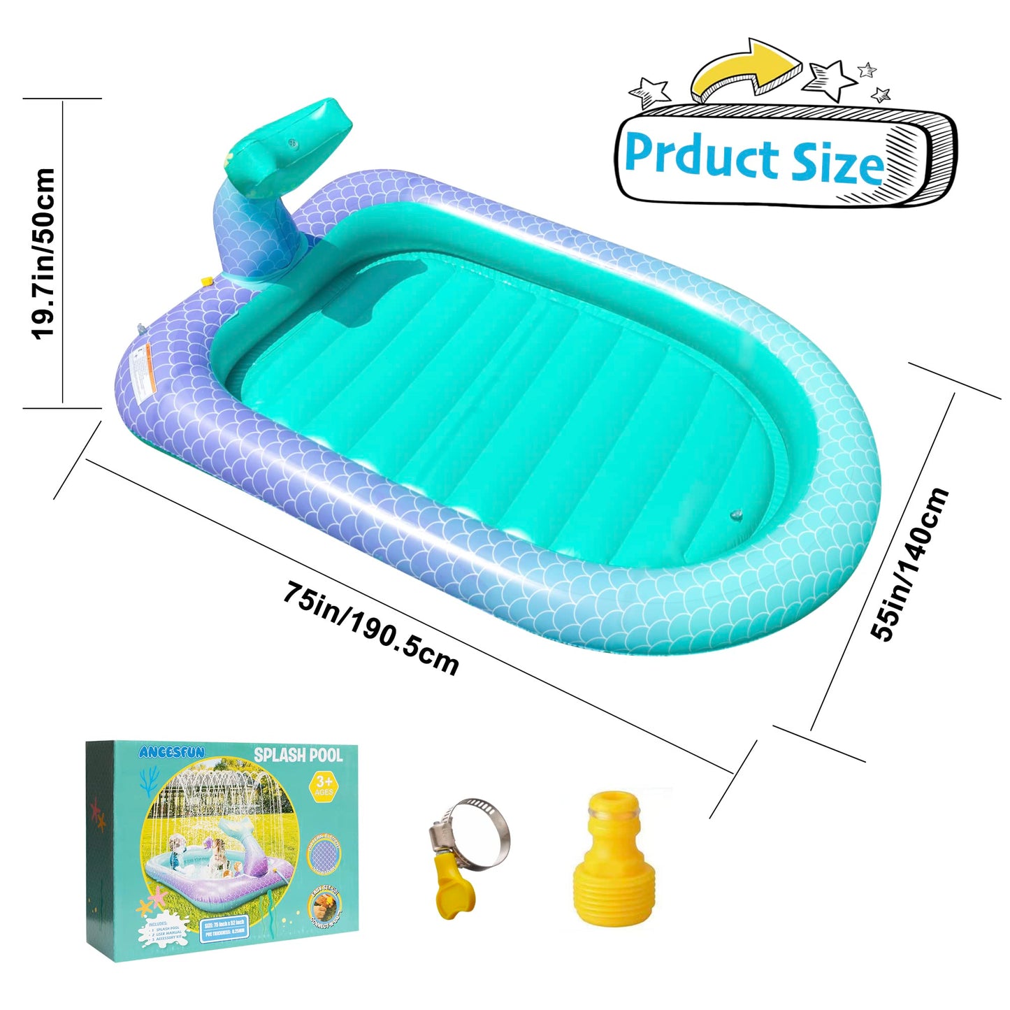 75" Sprinkler & Splash Pad for Kids, Large Outdoor Mermaid Sprinklers Play Mat Summer Water Play Toys Inflatable Sprinkler Pad, Fun Play Pool for Toddlers Babies Over 3 Years Boys Girls