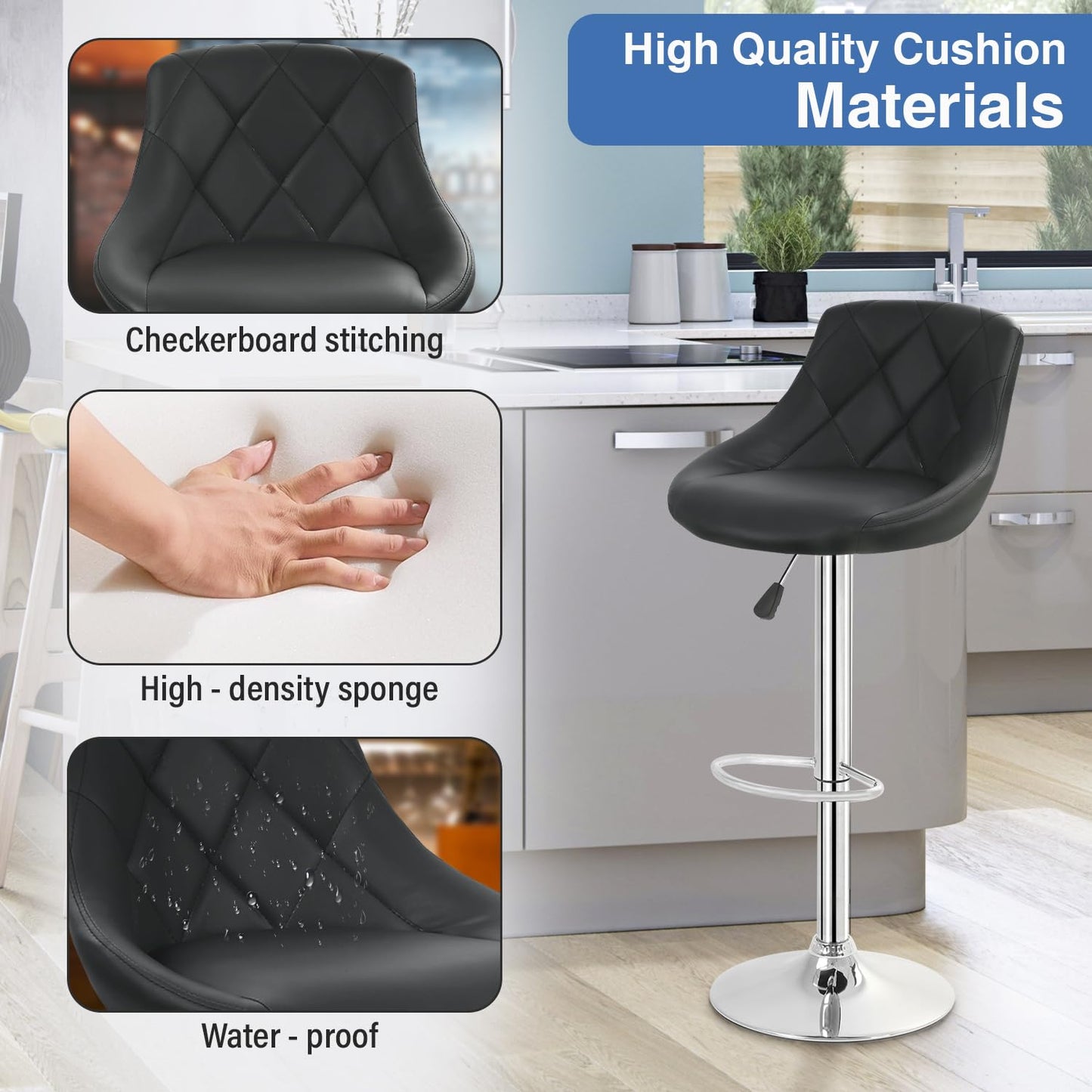 FDW Bar Stools Set of 2 Bar Stools Swivel Stool Height Adjustable Bar Chairs with Back PU Leather Swivel Bar Stool Kitchen Counter Stools Dining Chairs (Black)