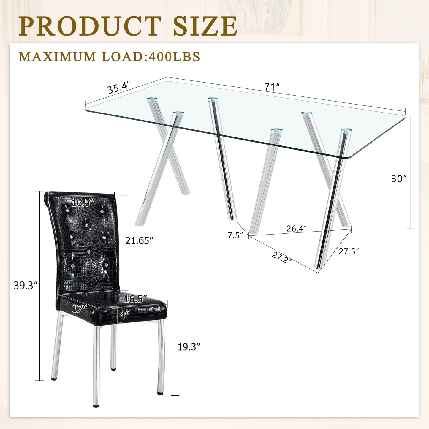 Vohward 71" Glass Dining Table Set for 6, 7 Piece Modern Tempered Glass Dining Room Table with 6 Black Upholstered Chairs, Rectangular Kitchen Table Set with Chrome Metal Legs, 400 lb Capacity