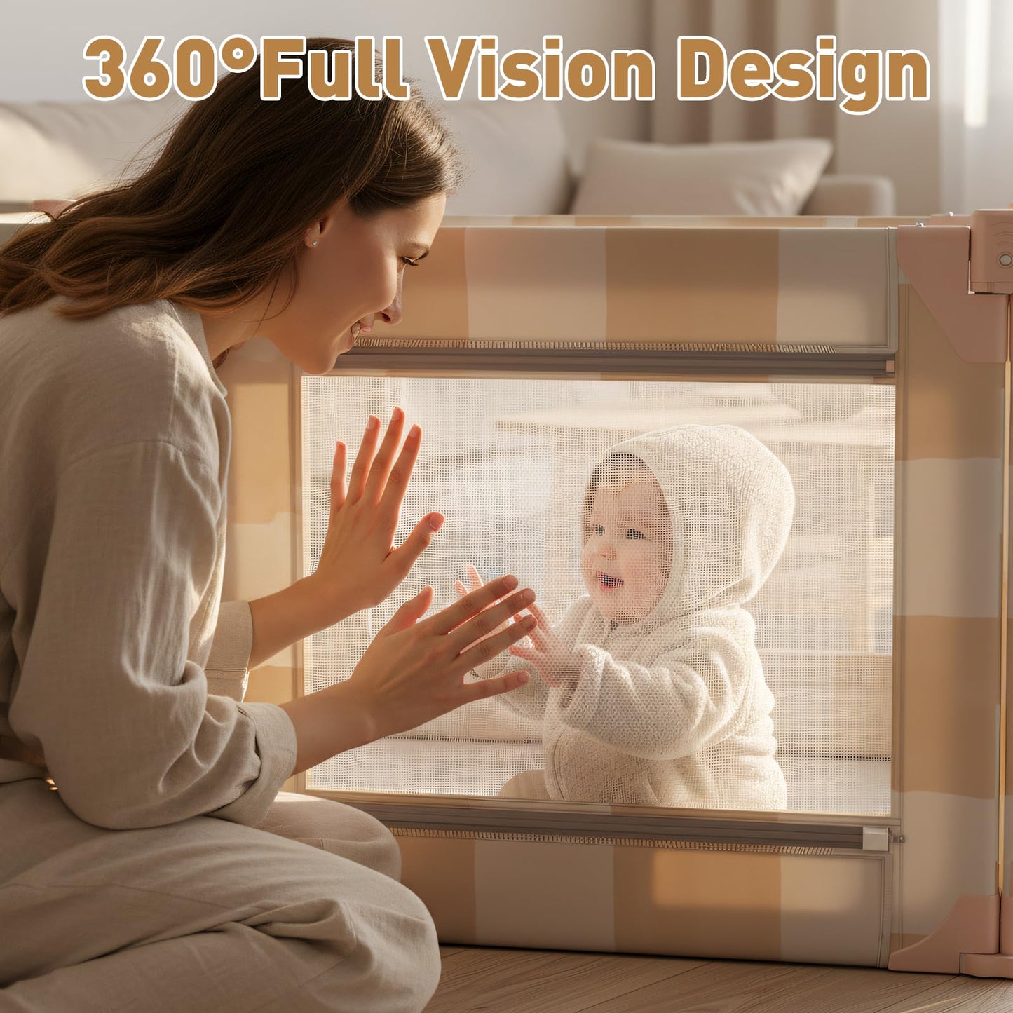 Tiny Marvels Baby Playpen, 50 x 50 in Play Pen for Babies and Toddlers, Foldable Baby Playpen, Play Yard for Infants with Breathable Mesh, Playard with Gate (Sand Checks,Mat not Included)