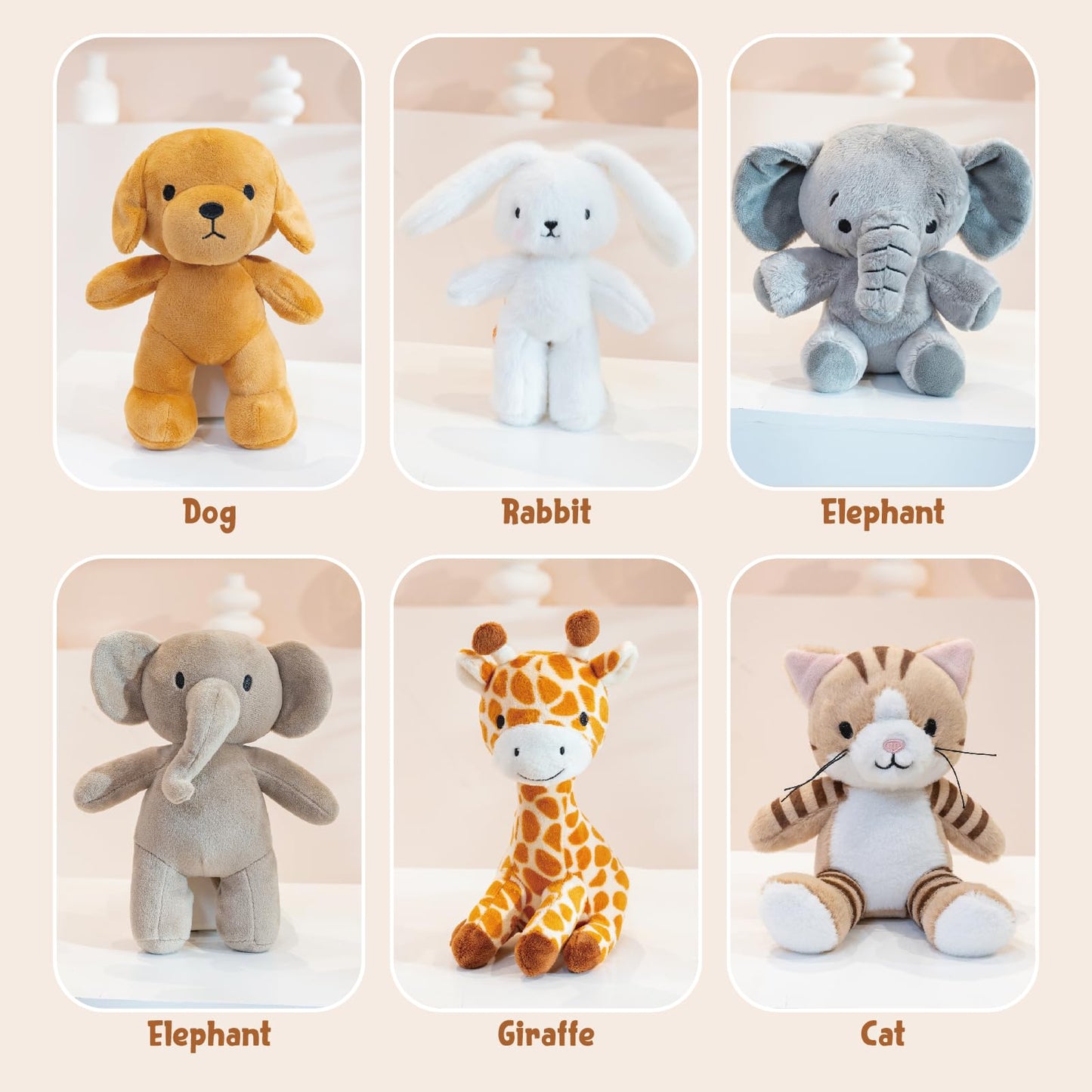 AmyToo 6 Pcs Stuffed Animals Bulk, 8 Inch Small Stuffed Safari Animals, Zoo Stuffed Animals Set (Cat Dog Elephants Giraffe Bunny) Baby Shower Party Decor, Easter Gift for Classroom Kids, Teens, Girls