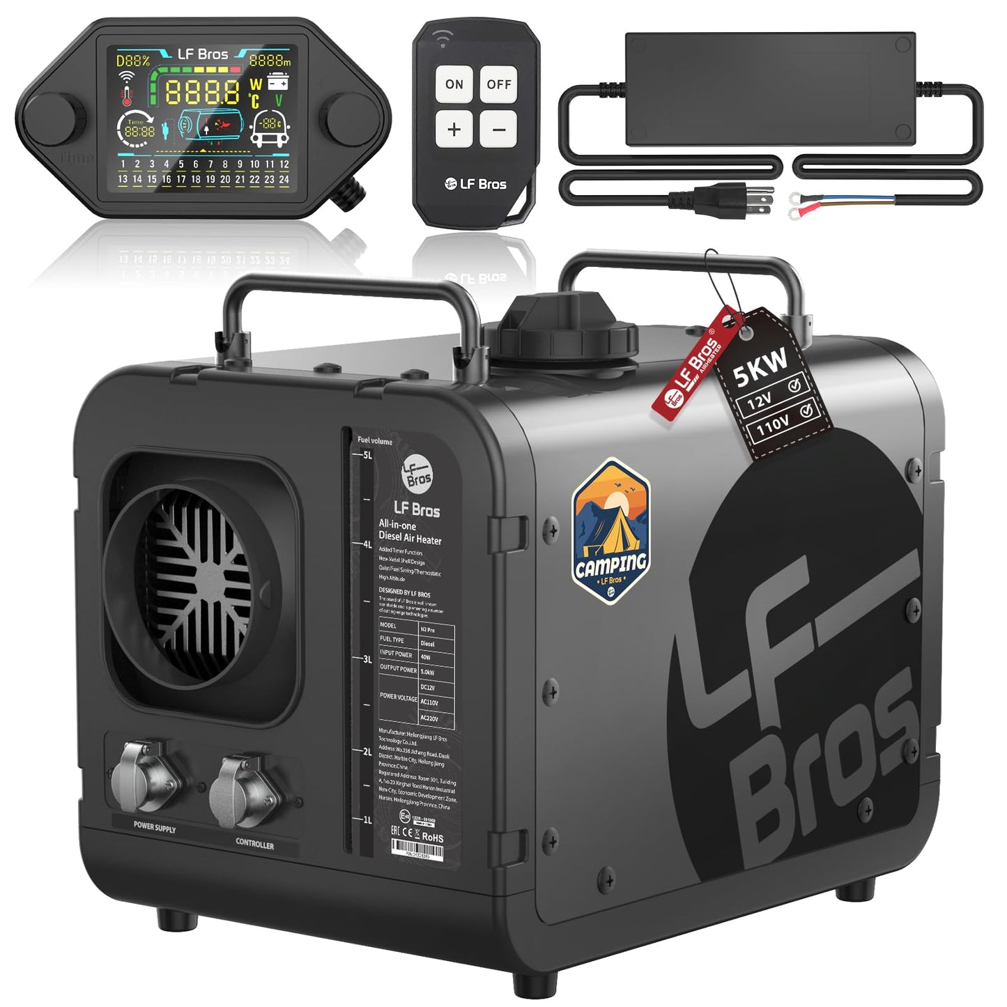 LF Bros Professional 110V/12V 5KW Diesel Heater, All-in-One 5L Air Diesel Space Heater with Timer, Thermostat, Plateau Mode, Suitable for Camping, Ice Fishing, Hunting, Black