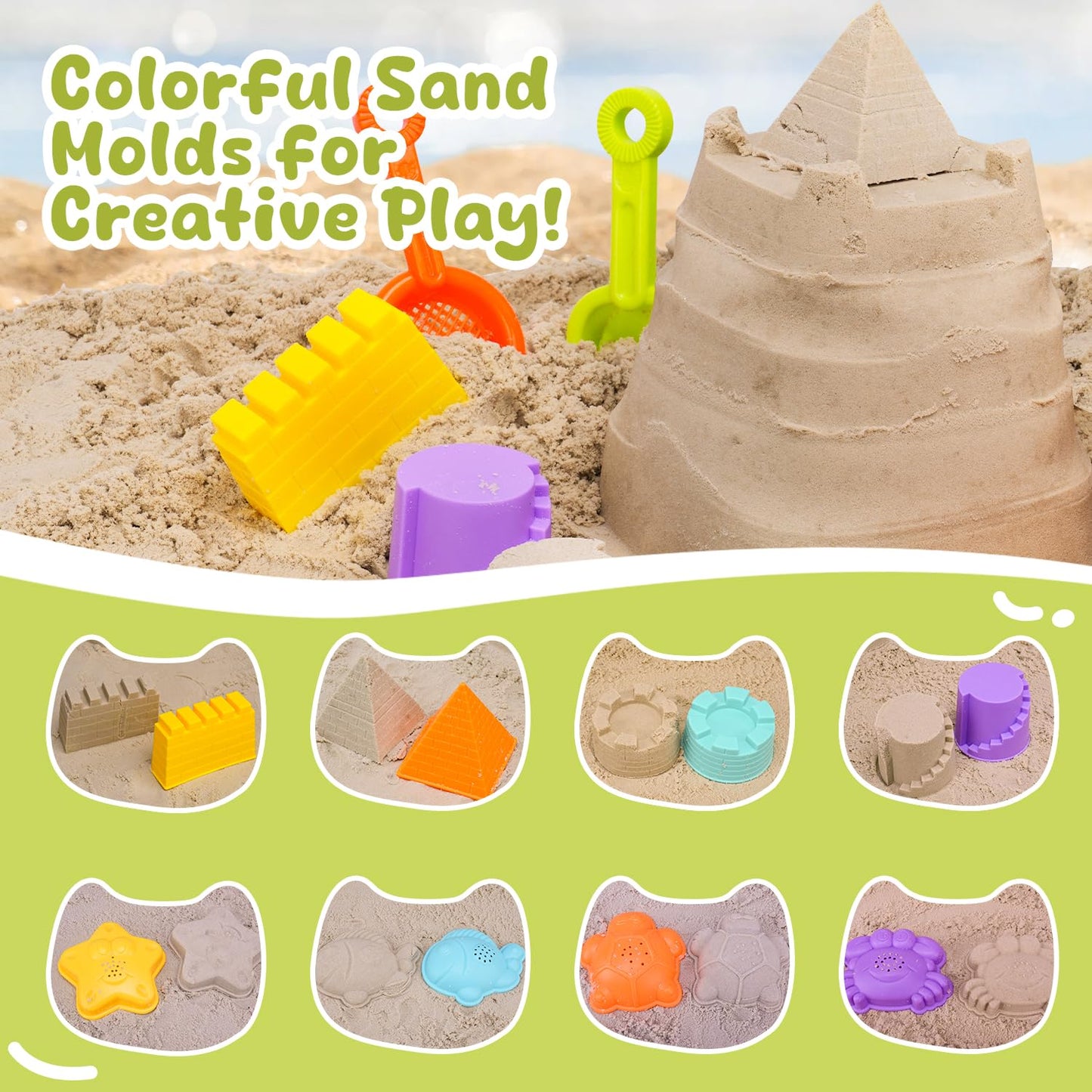 AuntyFey Beach Sand Toys for Toddler 1-3 with Trucks, 2 Collapsible Beach Toys for Kids Ages 4-8, Sandbox Toys for Toddler, Collapsible Beach Sand Buckets with Castle Sand Molds Shovels