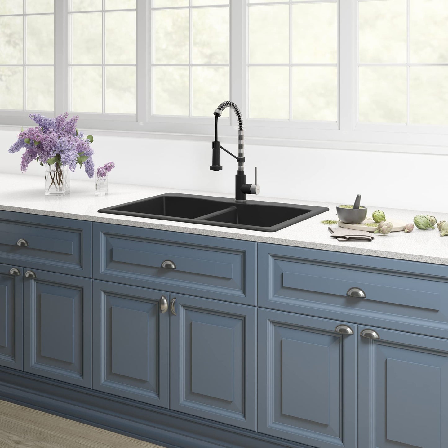 KRAUS Forteza 33-inch Drop in/Undermount 50/50 Double Bowl Granite Kitchen Sink in Black, KGD-52BLACK