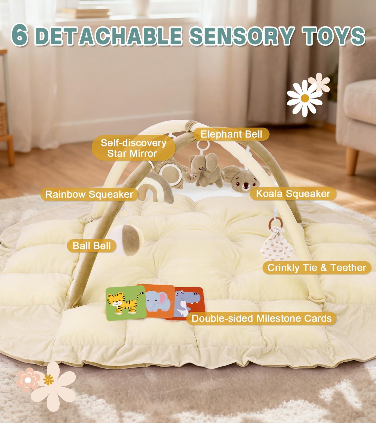 Lanabuna 5-in-1 Baby Play Gym and Tummy Time Mat, 12 Learning Cards, Plush Activity Mat with 6 Toys, Baby Gym, Convertible to Ball Pit, Baby Gift, Cream