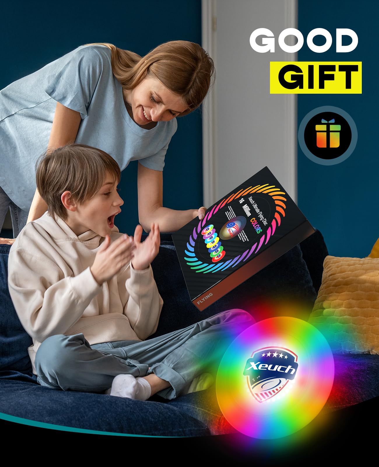 Xeuch 2 Pack Flying Disc, Glow Frisbee with 30 RGB LEDs, 16 Light Modes and 4 Brightness, 6-Hour Playtime, Built-in Timer & Sensor, 175g - Christmas, Birthdays Gifts for Men/Boys/Teens/Kids