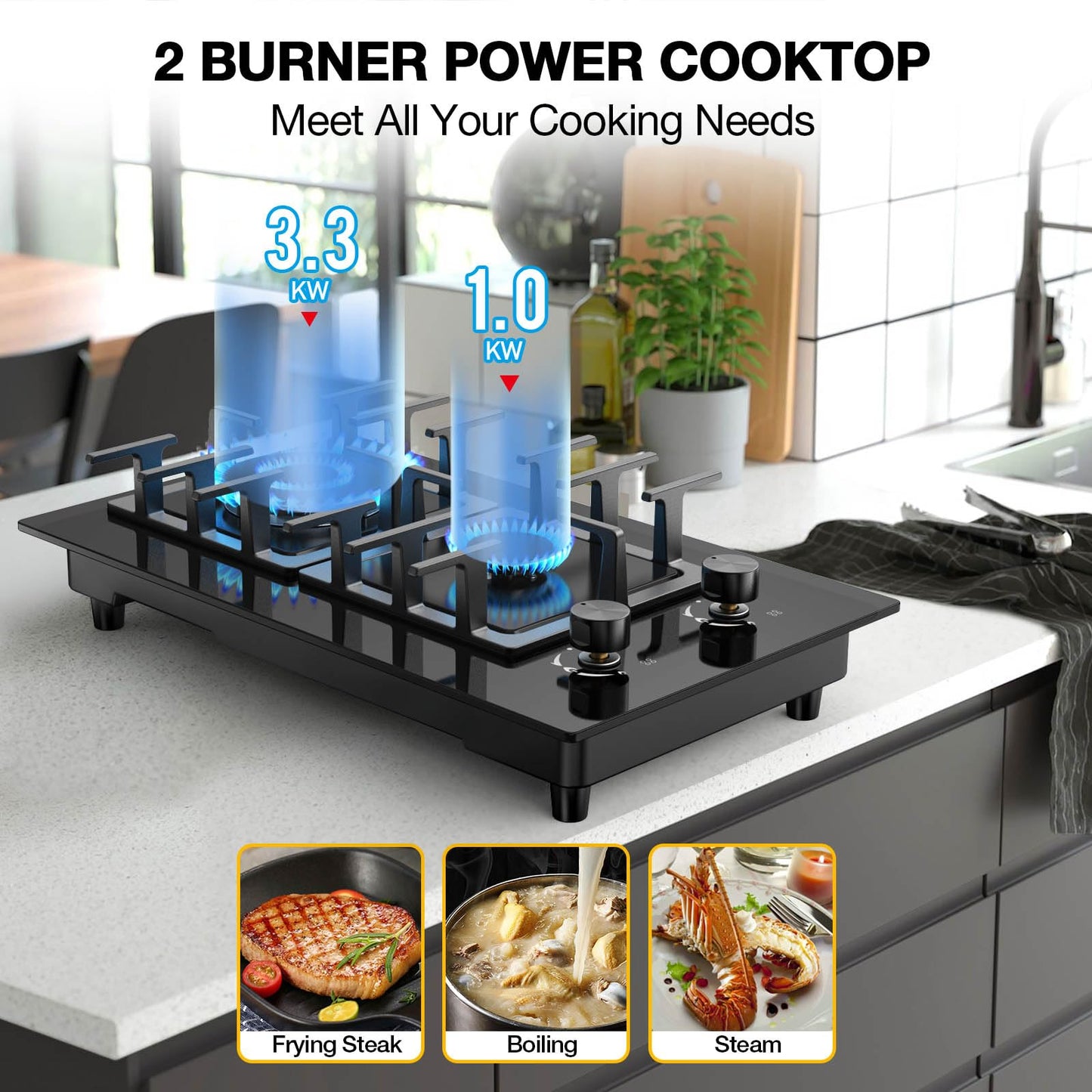 Nafewin 2 Burner Gas Stove Propane Cooktop, Tempered Glass Gas Cooktop 12 inch Stainless Steel Gas Burner with Thermocouple Protection, Lpg/Ng Dual Fuel Built-in Gas Stove Top for Apartments, Rvs
