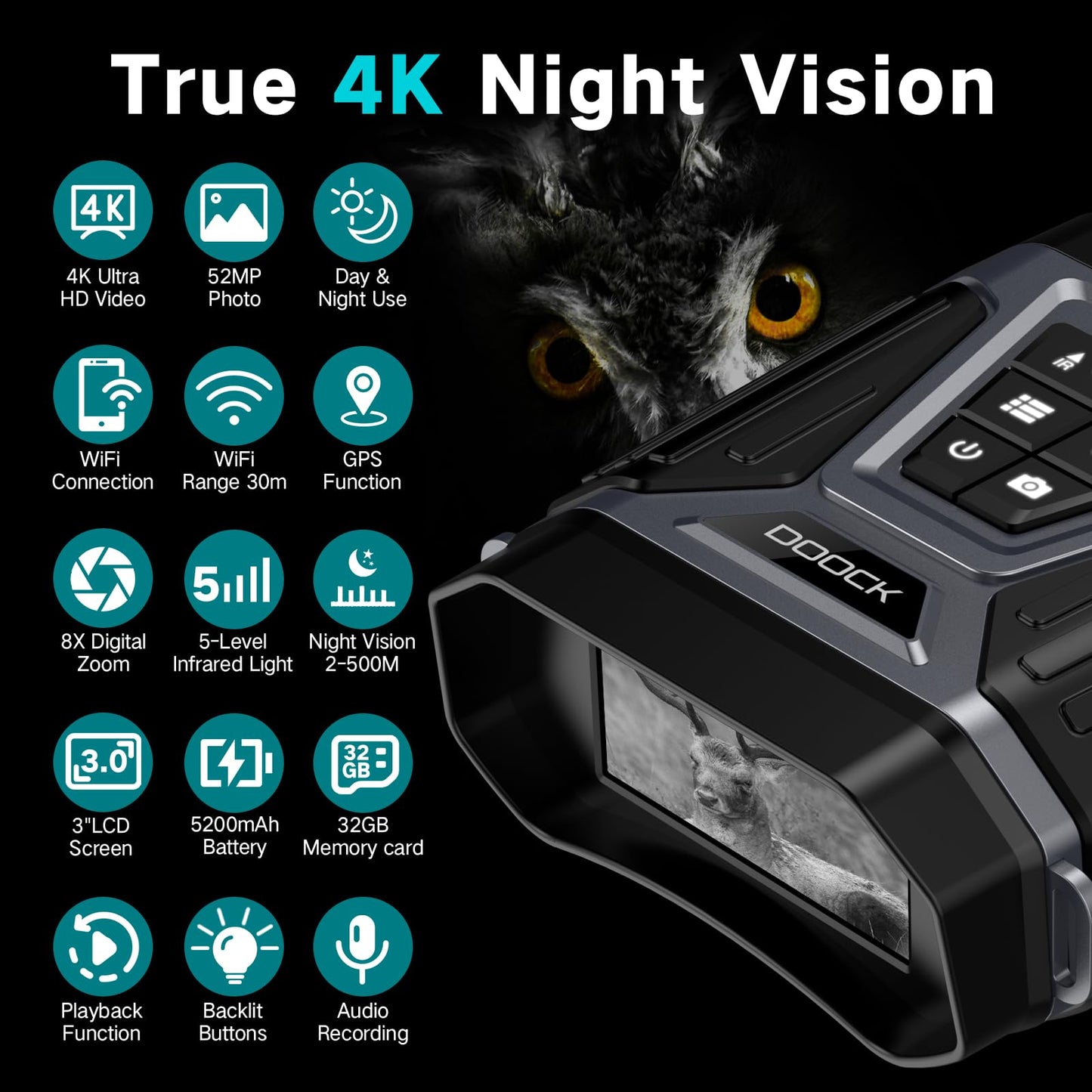 DOOCK Night Vision Goggles 4K Infrared Digital Binoculars with Full Color in Low Light, 32GB Memory Card, 5200mAh Rechargeable Battery, WiFi Connect & GPS Function for Camping, and Fishing-Silver Gray