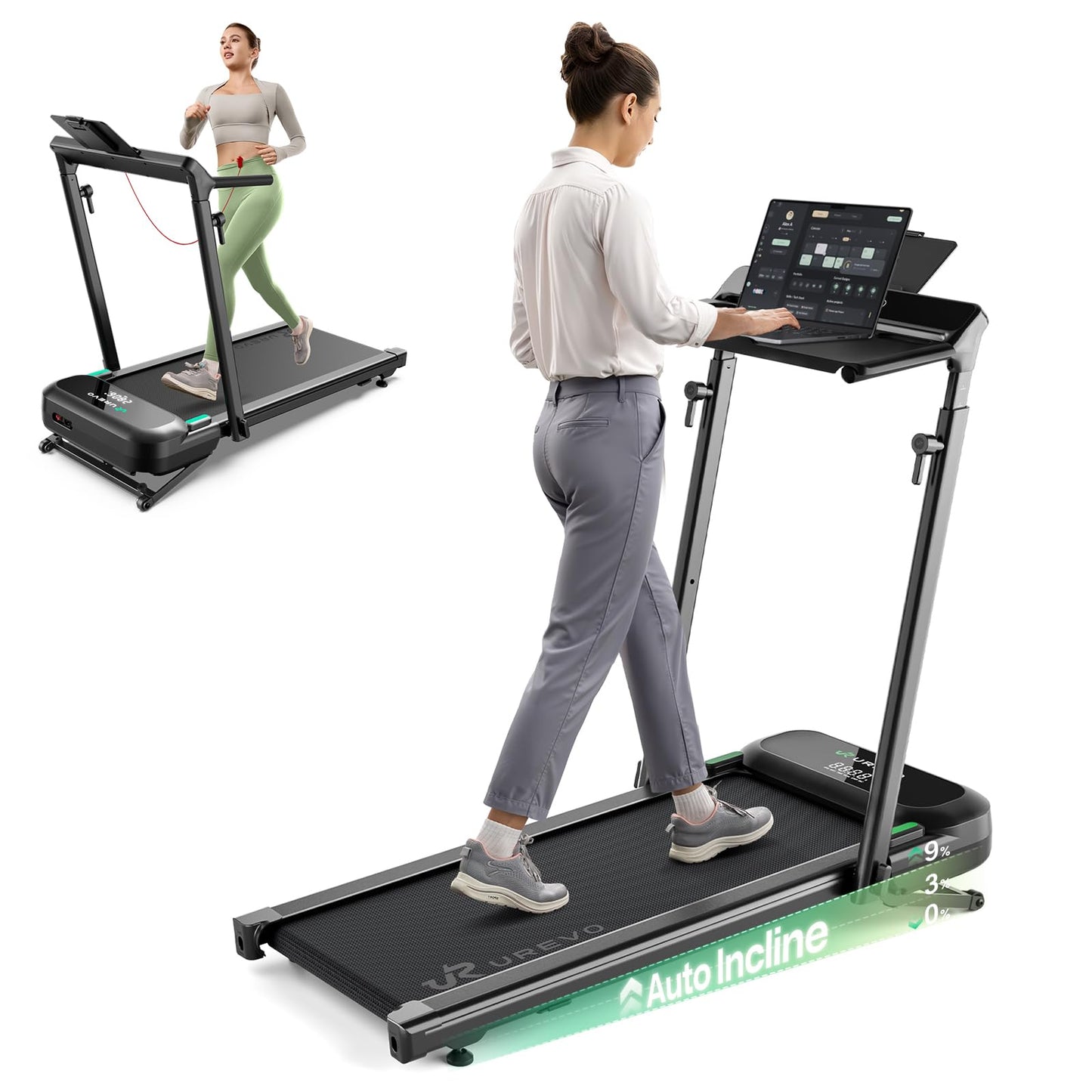 UREVO Foldimix 5L 9% Auto Incline Foldable Treadmill, with Height-Adjustable Desk, 3.0HP Ultra-Quiet Brushless Motor, 400lb Capacity Workstation