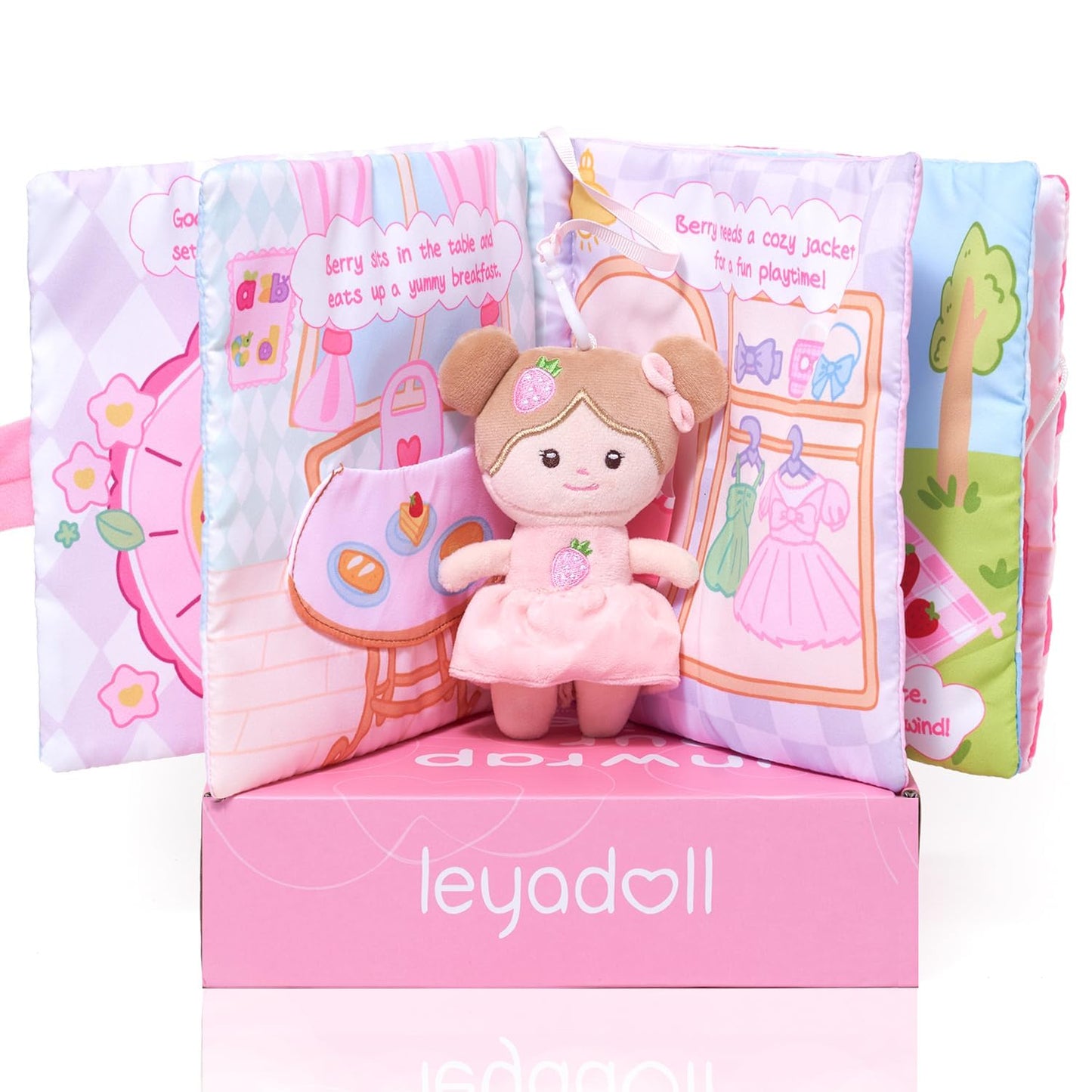 LeyaDoll Interactive Sensory Soft Cloth Book, Educational Crinkle Quiet Activity Busy Book for Babies,Toddler Travel Toy Gift for 1-3 Year Old Boys and Girls (A Berry Special Day)