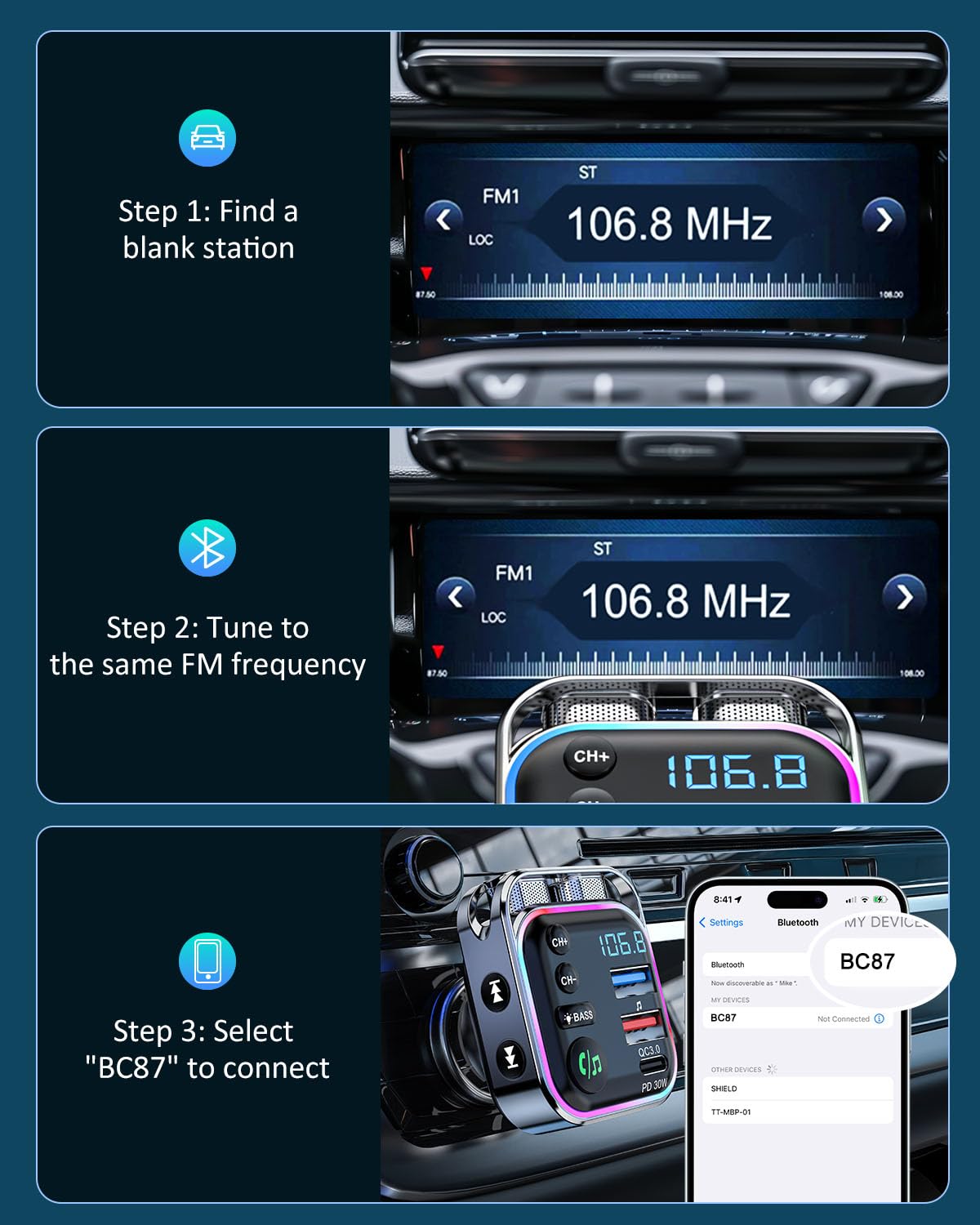 LENCENT Bluetooth 5.3 FM Transmitter Car Adapter 48W (PD30W & QC18W) Fast Charger, Light Switch, HiFi Bass Sound Audio Receiver Wireless Radio MP3 Music Player, Hands-Free Calling, Support USB Drive