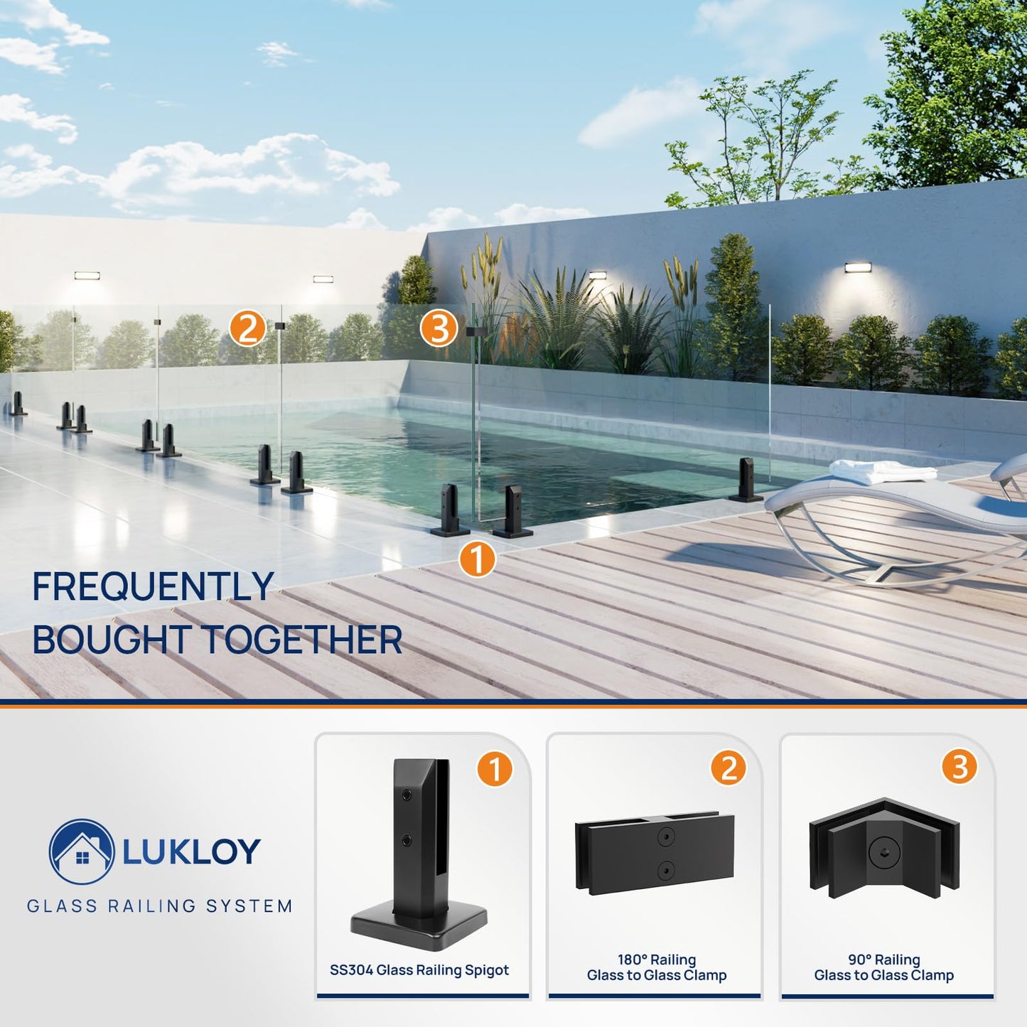 LukLoy 8 Pack NW. 2.1lb T304 Stainless Steel Glass Railing Spigot Heavy-Duty Matte Black Clamp Post Glass Railing System, No-Drill Design for Pool, Deck, Stair, Balustrade, Balcony - Level 2