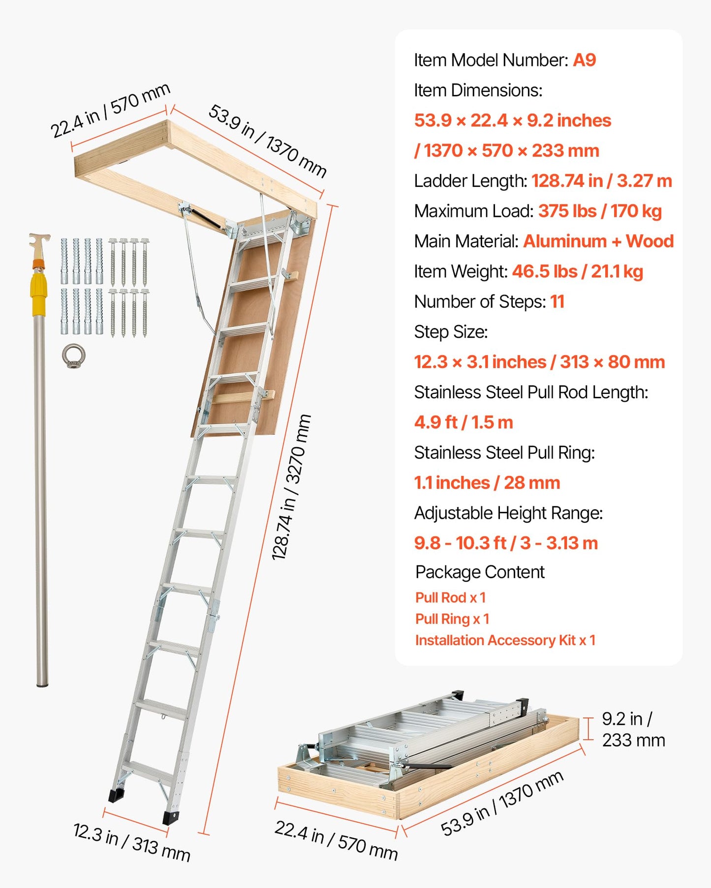 VEVOR Attic Ladder, 375LBS Capacity, 9.8 to 10.3 ft Height Adjustable, Multi-Purpose Foldable Aluminium Attic Stairs, Fits 7.66 to 10.25 ft Ceiling Heights for Convenient Access