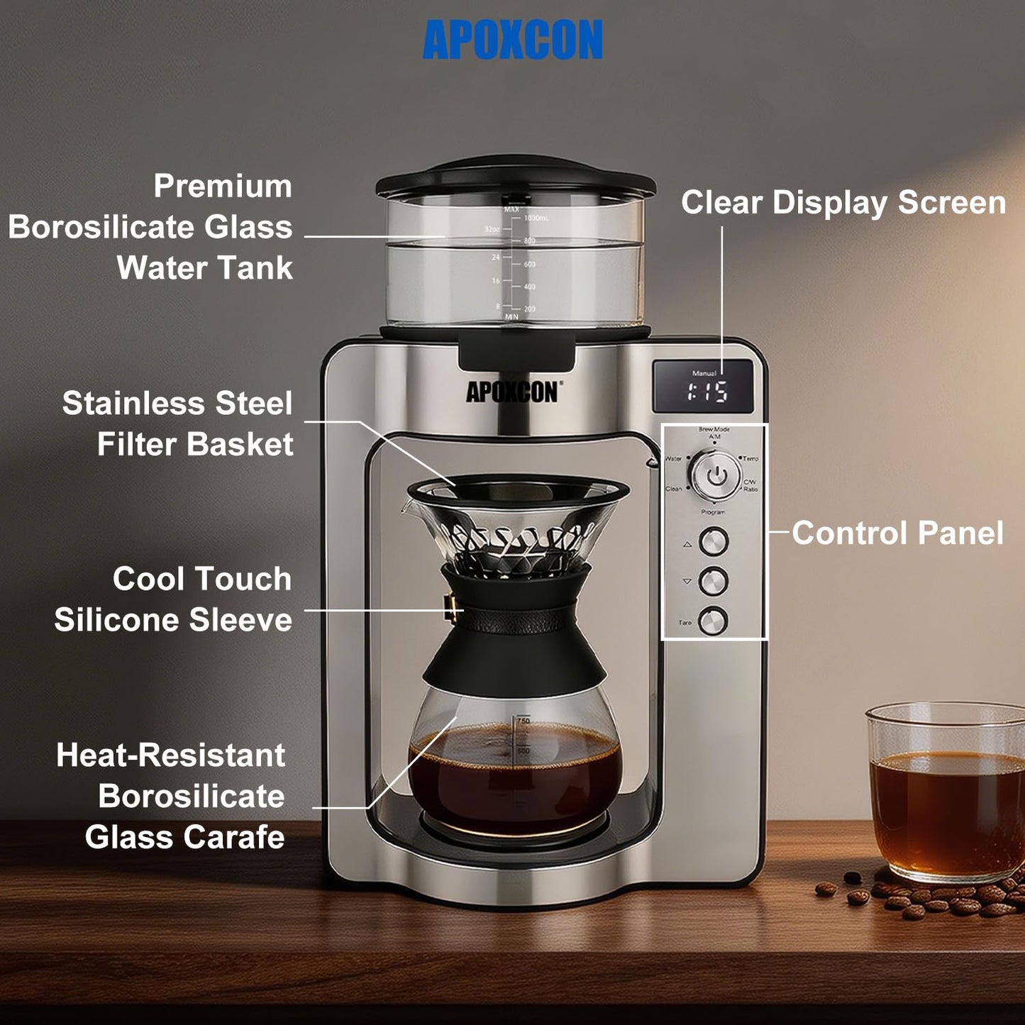 APOXCON Drip Coffee Machine with Carafe, Pour Over Coffee Maker with Auto & Manual Mode, 24-Hr Programmable Single-Serve Brewer, Built-in Scale, Stainless Steel Filter - 1L