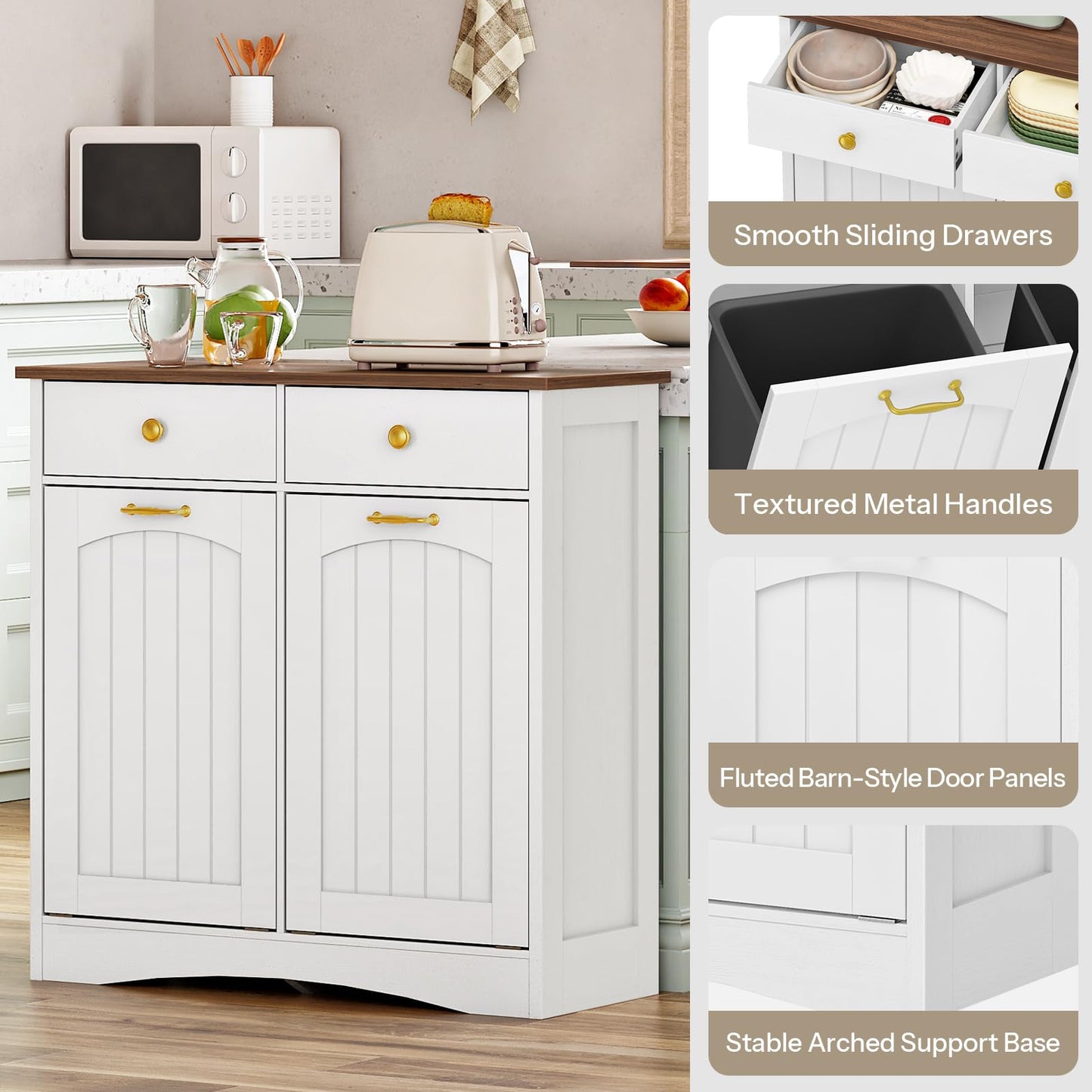 HOOBRO Double Tilt Out Trash Can Cabinet, Hidden Trash Bin Storage with 2 Drawers, Freestanding Kitchen Island Cabinet, for Kitchen, Laundry Room, White and Walnut WH22LJ01US