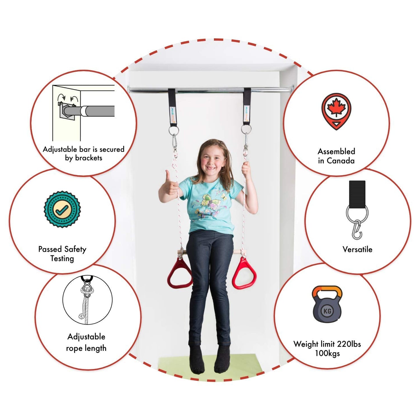 DreamGYM Doorway Swing for Kids Indoor - Trapeze Bar and Gymnastic Rings Combo and Classic Rope Swing for Doorway Gym