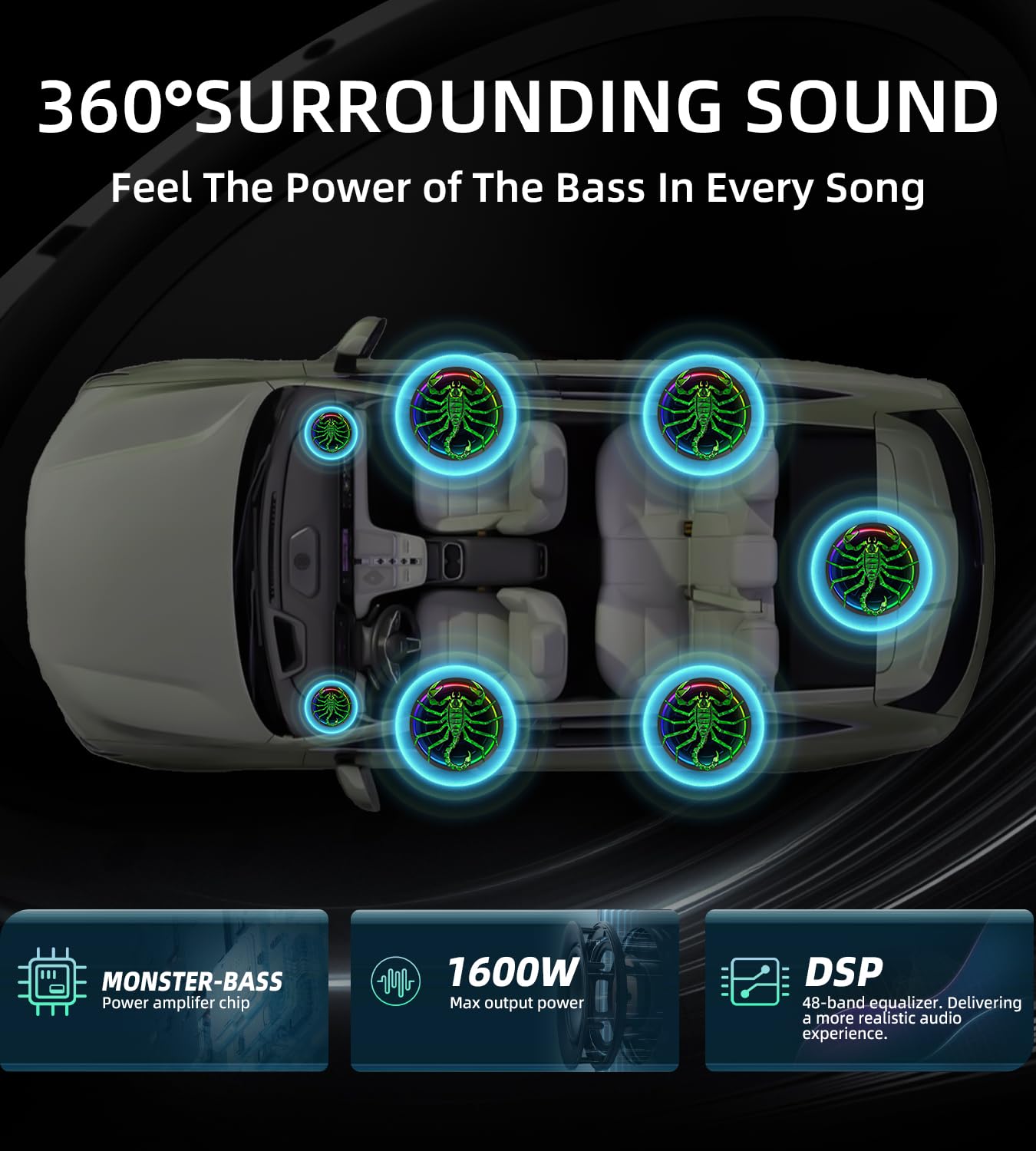 SUBPULSIX 1600W Slim Underseat Car Subwoofer and Amp Package, Powered Subwoofer Car Audio with Built-in Class D Amplifier, RGB Beat-Sync Lights, Subsonic Deep Bass, Subwoofer for Truck SUV Sedan