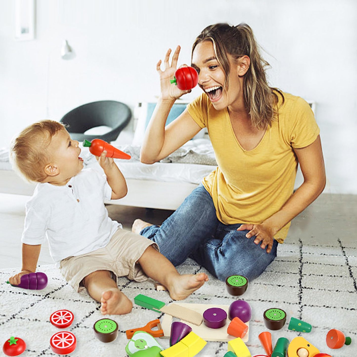 GOPLACS Wooden Play Food Sets for Kids Kitchen - Cutting Fruits and Veggies Toddler Toys Pretend Food Play Kitchen Accessories Montessori Educational Toys Gifts for Kids Boys Girls 3+