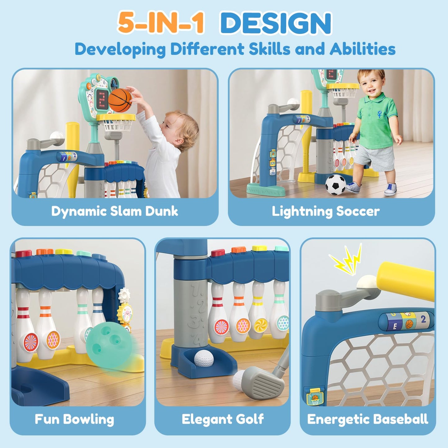 AIGIMU Toddler Sports Toys, 5-in-1 Toddler Basketball Hoop Soccer Bowling Baseball Golf Activity Center, 1 2 3 Year Old Boys Girls Toy, Toys for Toddlers & Baby