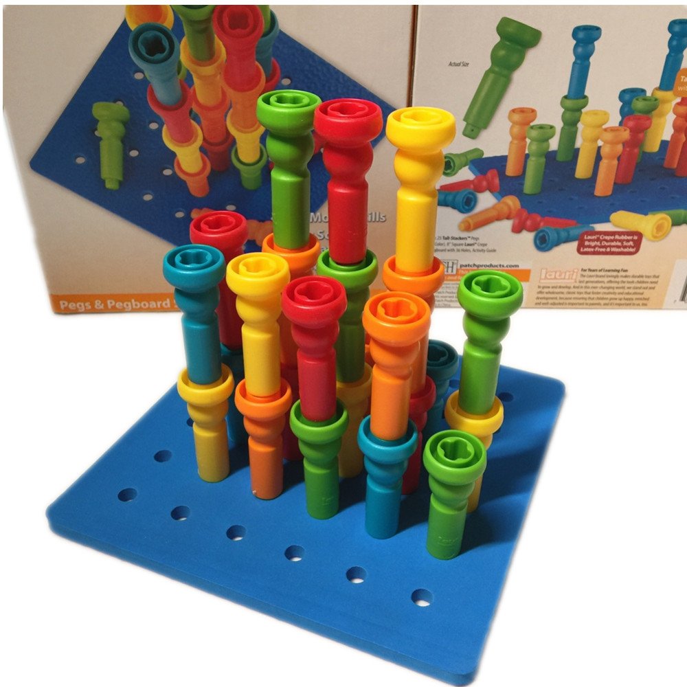 VIPAMZ Peg Board Set Toys-Montessori Occupational Therapy Fine Motor Skills Toy, Suitable for Toddlers and Preschoolers Over 3+ Year Old. 25 Tall-Stacker Pegs Rubber 8" Pegboard
