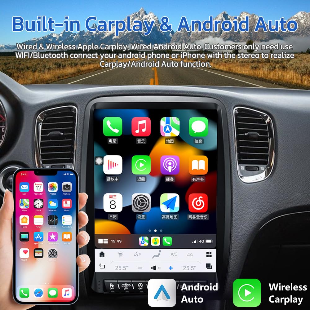14 Inch Touch Screen Android 13 Car Radio for Dodge Durango Stereo Upgrade Tesla Style Head Unit Multimedia Player Android Auto Carplay GPS Navigation (2014-2020 Year)