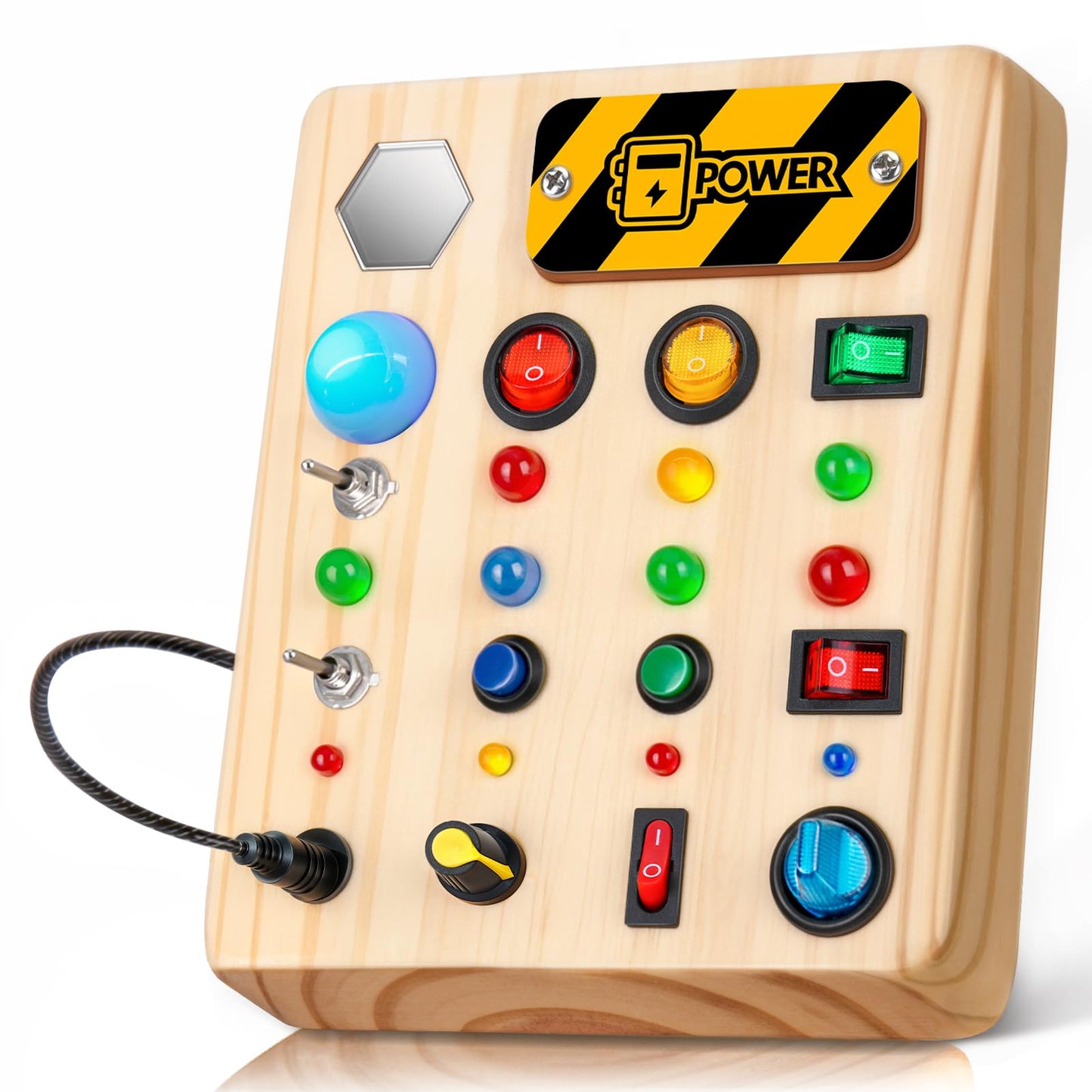 TINTECUSA Busy Board Montessori Toys for Toddler, Wooden Sensory Board Switch Toy with Shape Sorter LED Light Up Toys Educational Plane Travel Activity for Girls & Boys