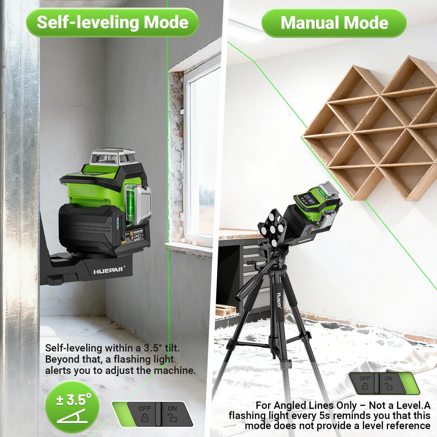Huepar 360 Laser Level with Electric Pivot Around Point Fine Adjustment Rotating Base, Remote Control, Rechargeable Battery, 1/13" High precision Self Leveling Lazer Leveler, Pluse Mode