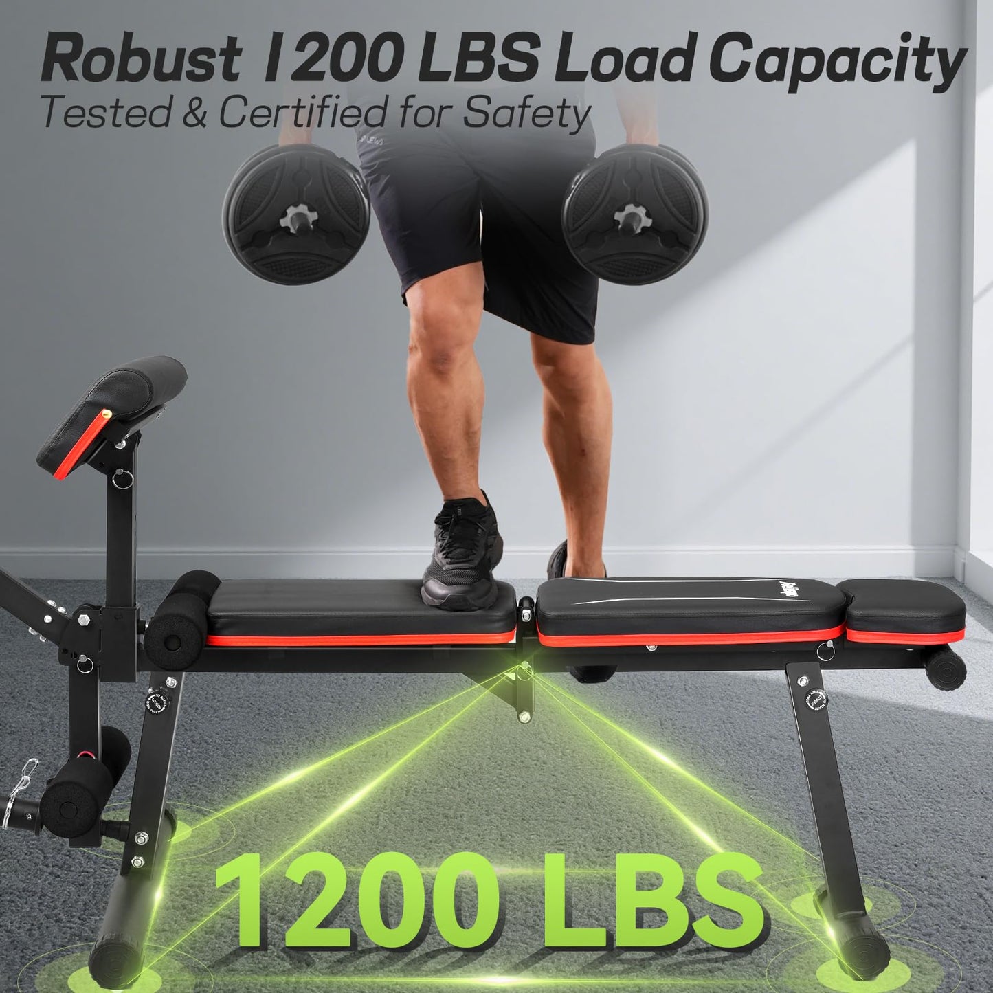Relispo Upgraded Adjustable Weight Bench with Leg Extension and Leg Curl, 9 Back Positions & Foldable, 1200LB Workout Bench for Home Gym, Flat Decline Incline Bench for Full-Body Strength Training & Big Guys