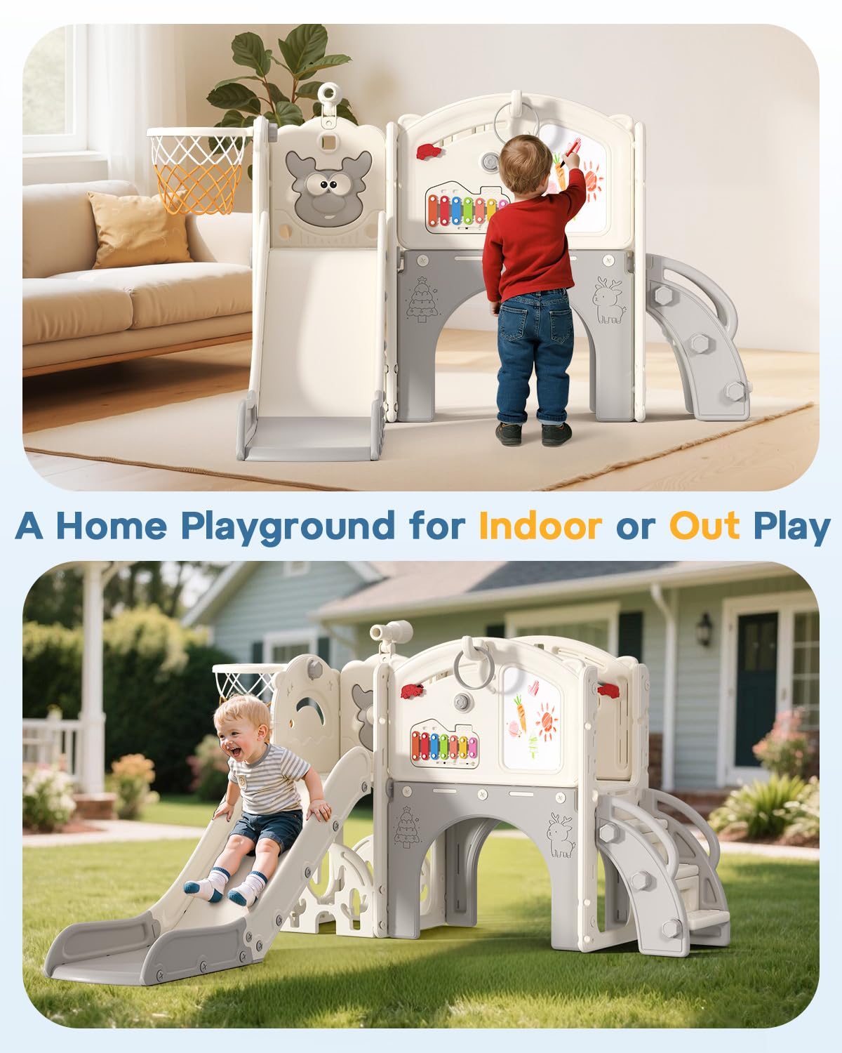 BIERUM Toddler Slide Set, 13 in 1 Kids Indoor Slide for Toddler 1-3, Indoor Outdoor Toddler Slide Playset with Basketball Hoop, Golf Game & Drawing Board, Baby Indoor Slide Playground, Cream&Gray