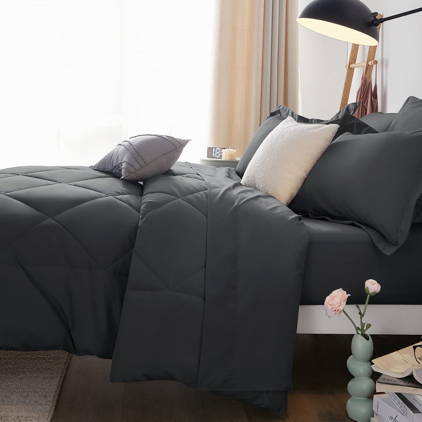 CozyLux Queen Comforter Set Dark Grey - Bed in a Bag Queen Size 7 Pieces, Luxury Soft Bed Set for All Seasons, Bedding Set with Comforter, Sheets, Pillowcases & Shams, Dark Gray, Queen