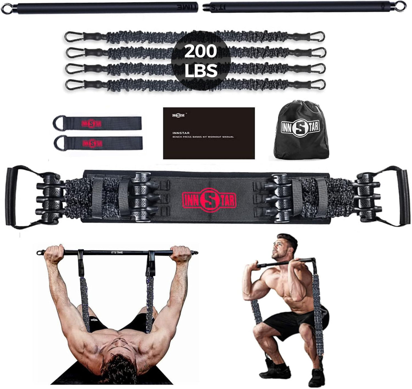 INNSTAR Resistance Bands Bar Exercise Bands Attachment 38" Black Max Load 800lb for Home Gym Workout Full Body Workout Power Lifting Fitness Bar (Black)