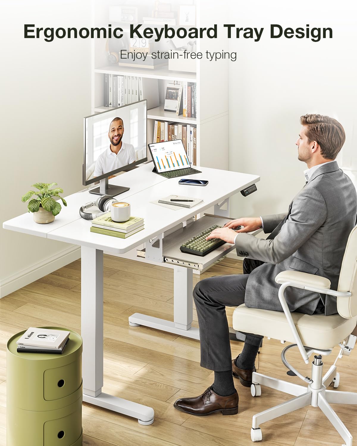 Casaottima Electric Standing Desk with Keyboard Tray, 40 Inch Height Adjustable Small Table, Sit Stand Table, Writing Computer Desk for Home, Office, Workstation, White