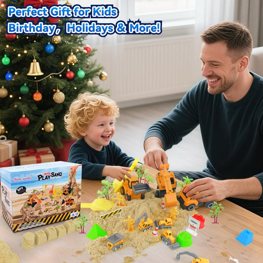 Sensory Beach Toys for Toddlers - 44PCS Sand Construction Kit with 8 Trucks, Foldable Sandbox, 2.7lbs Magic Sand, Crane, Signs, Molds, Shovel – Outoor Toys for Boys & Girls Ages 3+