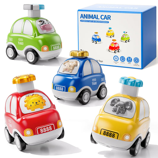 Novaluki 4Pcs Press to Go Cars for Toddlers 1-3, Baby Animal Racing Car, Multicolor Play Vehicle Set for Baby Toys 12-18 Months, Infant Birthday Gifts for Kids, Car Toys for 1 Year Old Boy