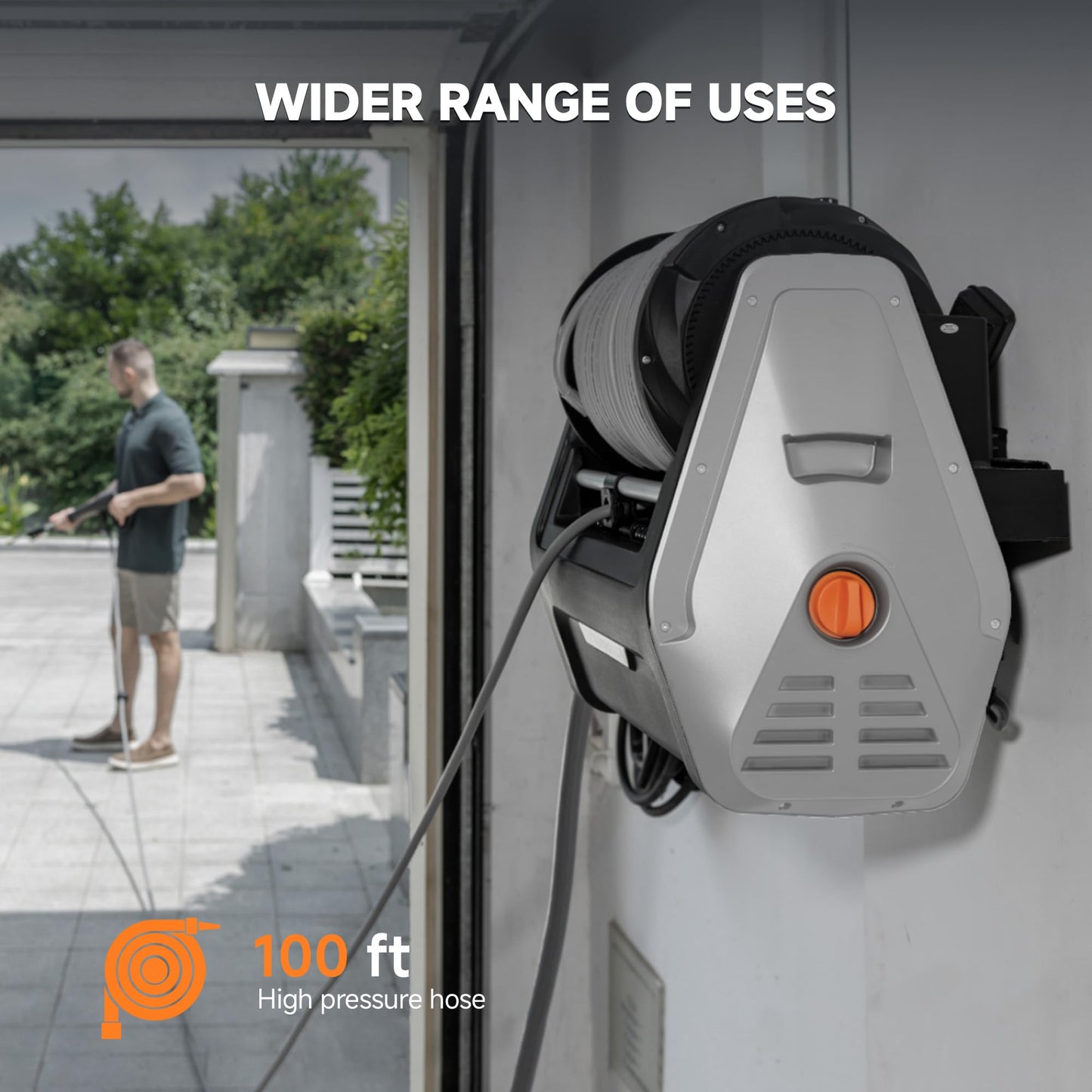 Giraffe Tools Grandfalls Retractable Wall Mount Pressure Washer Plus, Electric Power Washer with 100ft Pressure Hose, Max 2900PSI 2.2 GPM, Automatic Rewind, Any Length Lock, Light Silver