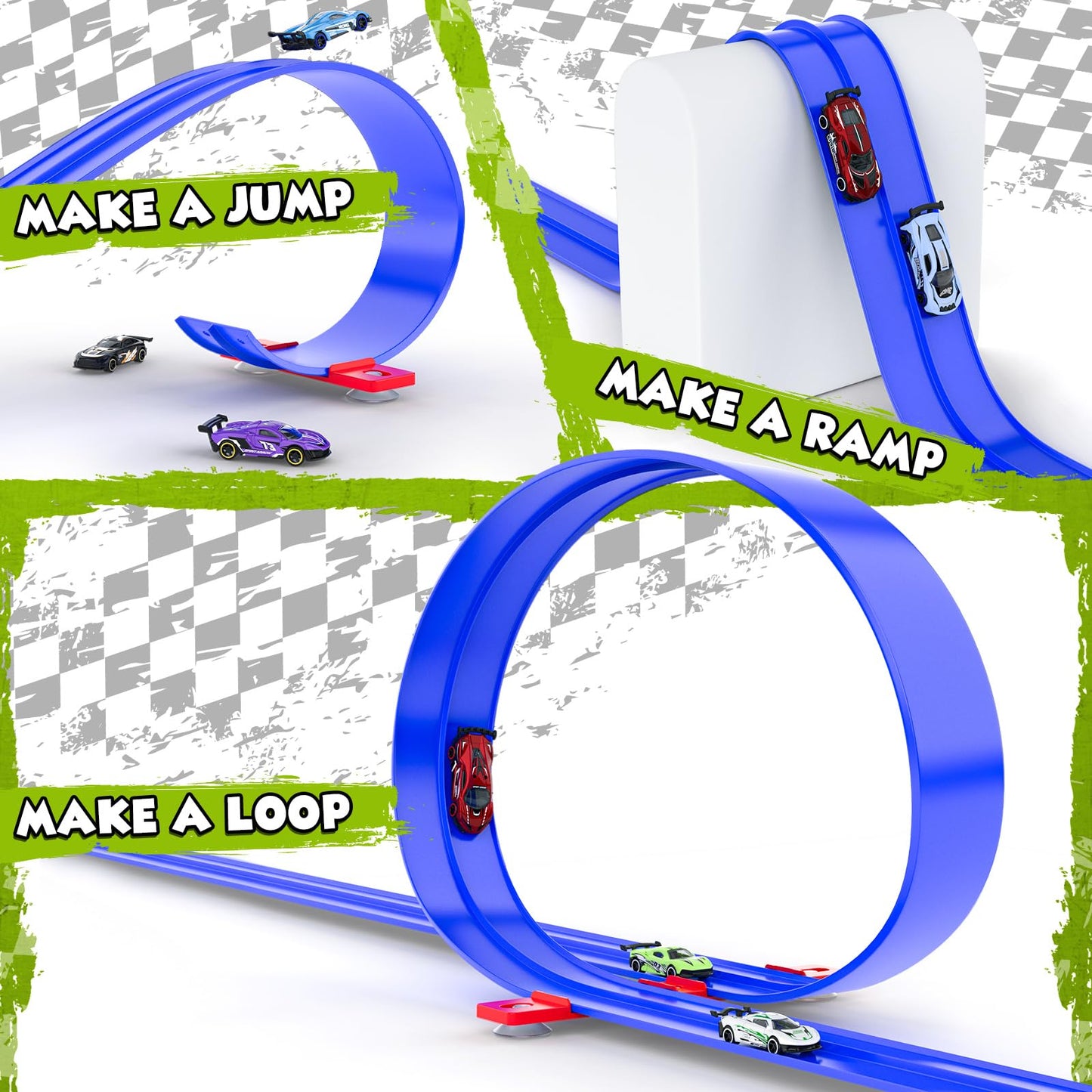 Wupuaait Flexible Race Car Track for Kids, 15Ft Race Track Toy with 4 Cars and Suction Cups, Rolls Up Portable Racetrack Compatible with All 1:64 Cars Toys, Birthday Gifts Toys for Boys Girls